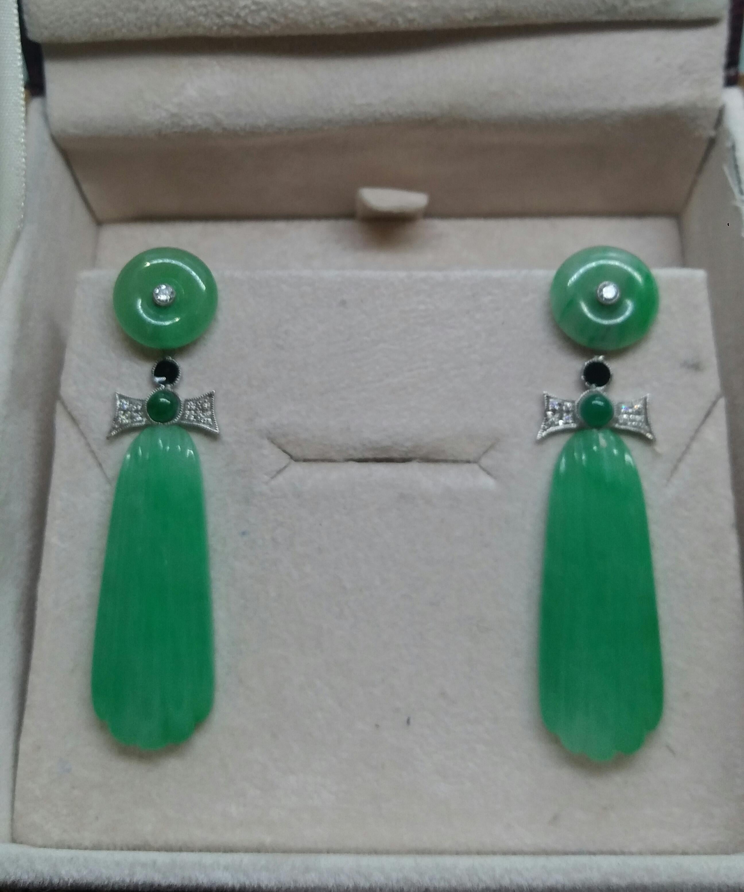 Women's Art Deco Style Carved Jade Gold Diamonds Emeralds Black Enamel Dangle Earrings For Sale