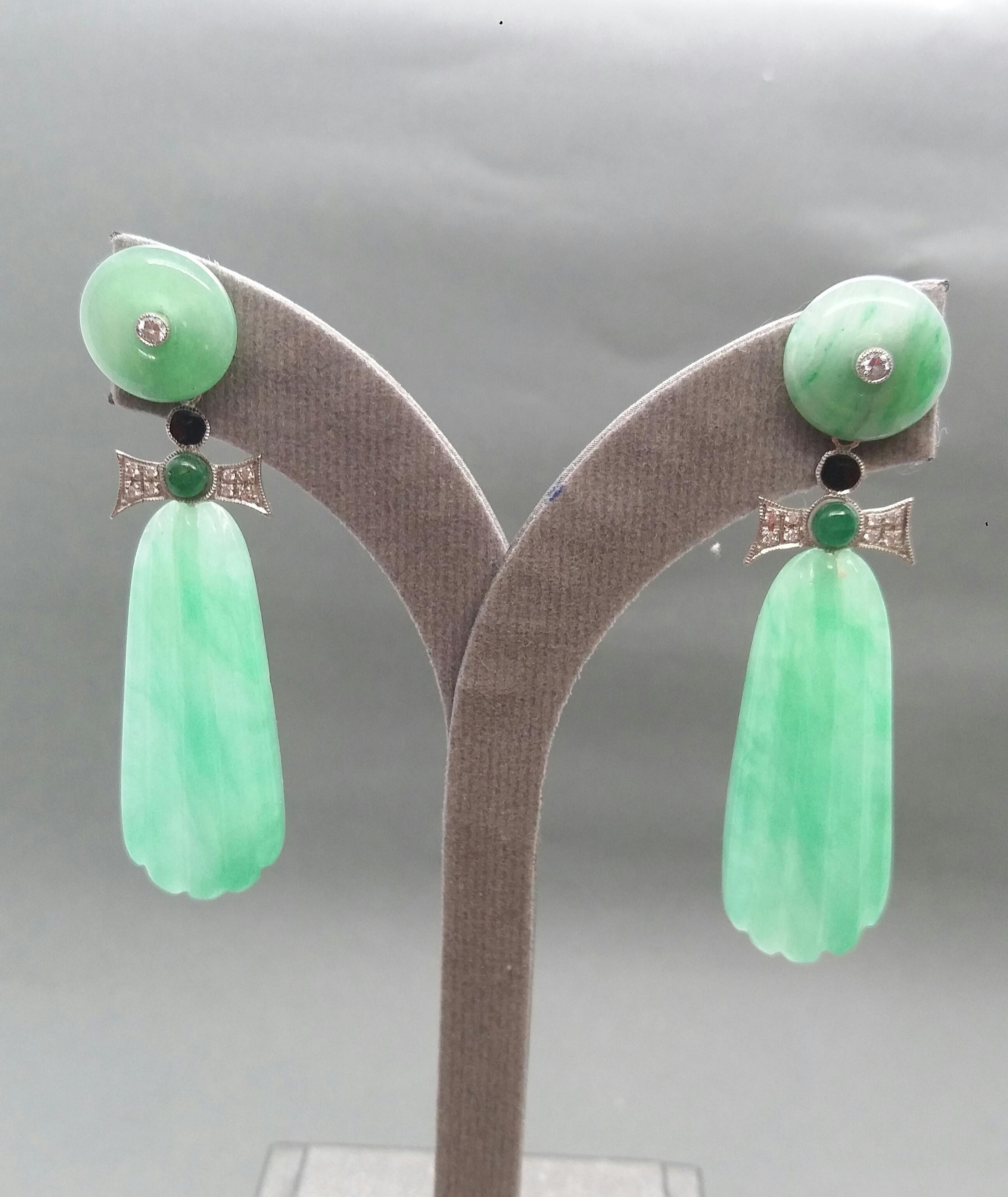 Art Deco Style Carved Jade Gold Diamonds Emeralds Black Enamel Dangle Earrings For Sale 2