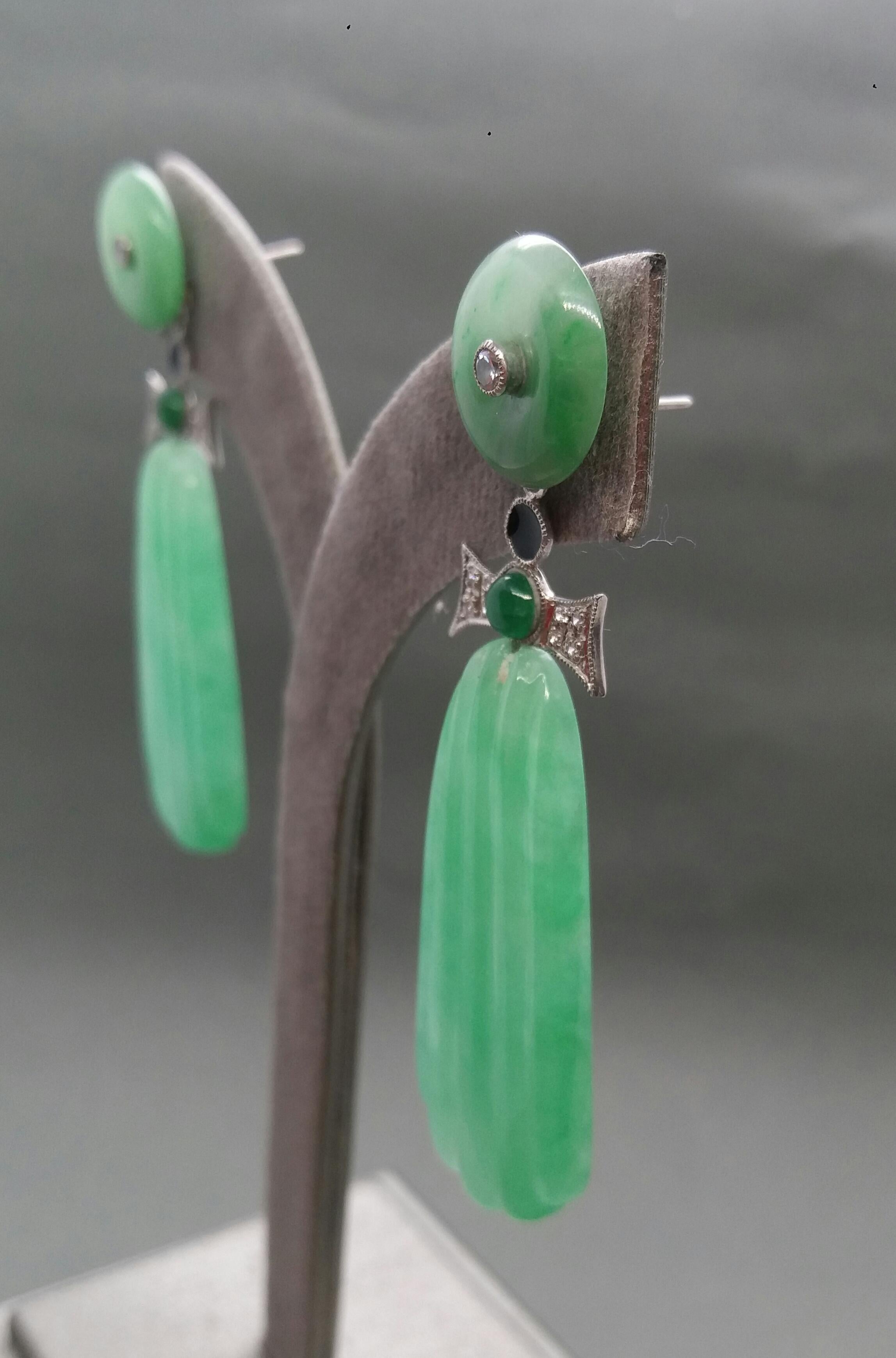 Art Deco Style Carved Jade Gold Diamonds Emeralds Black Enamel Dangle Earrings For Sale 3