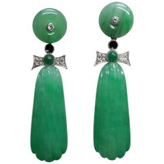 Used Art Deco Style Carved Jade Gold Diamonds Emeralds Black Enamel Dangle Earrings