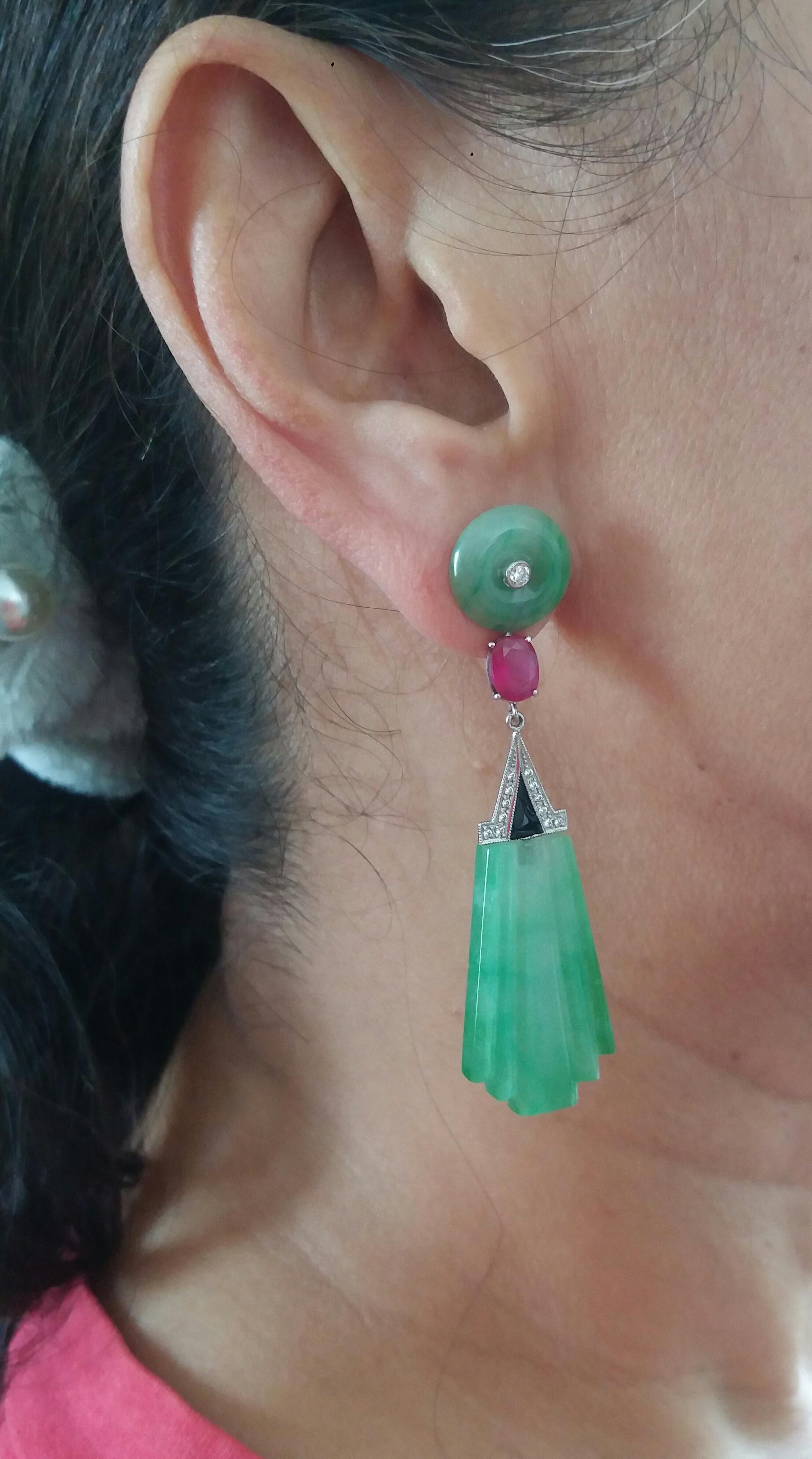 Art Deco Style Carved Jade Gold Diamonds Rubies Black Enamel Dangle Earrings For Sale 5