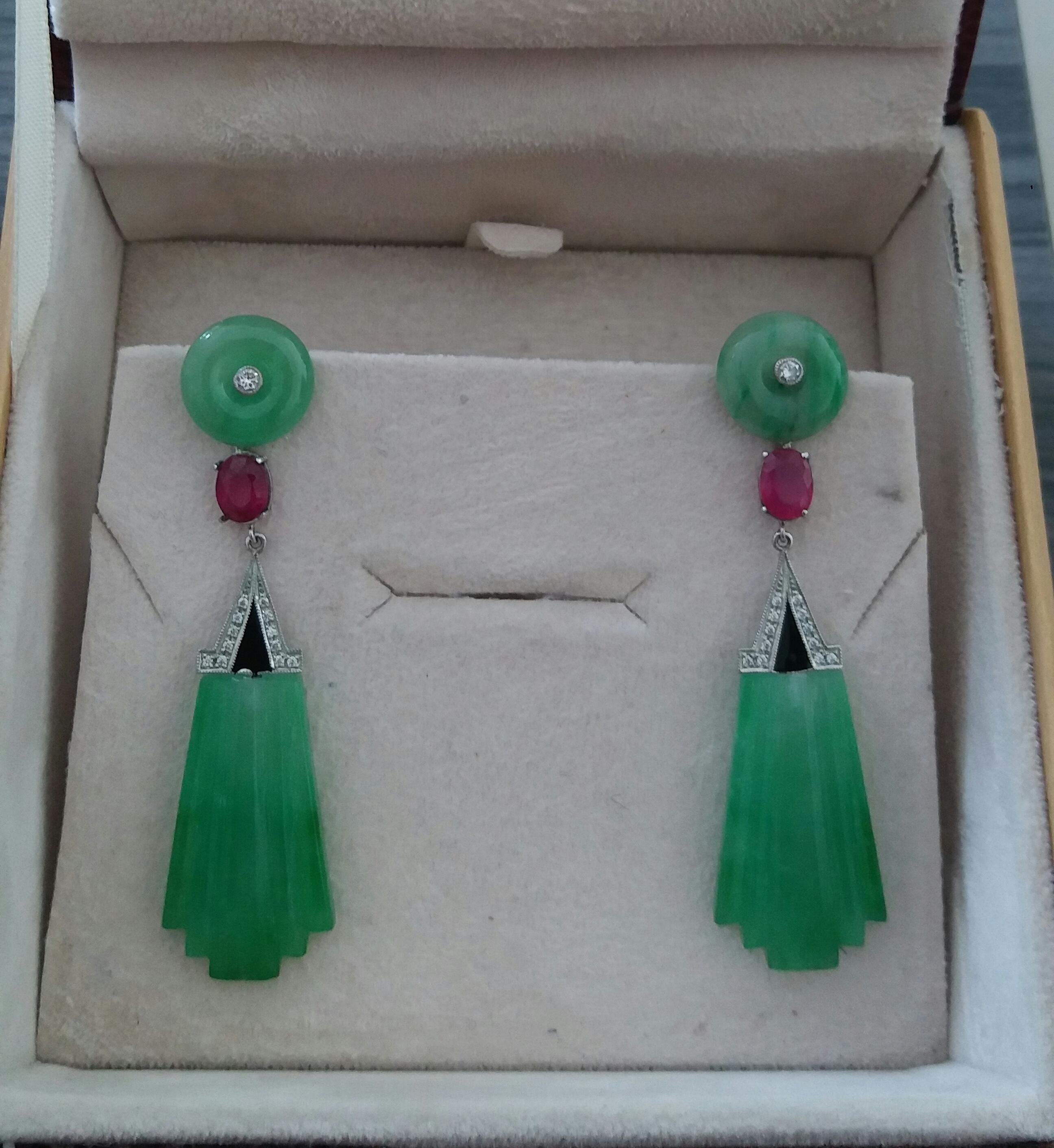 Art Deco Style Carved Jade Gold Diamonds Rubies Black Enamel Dangle Earrings For Sale 1