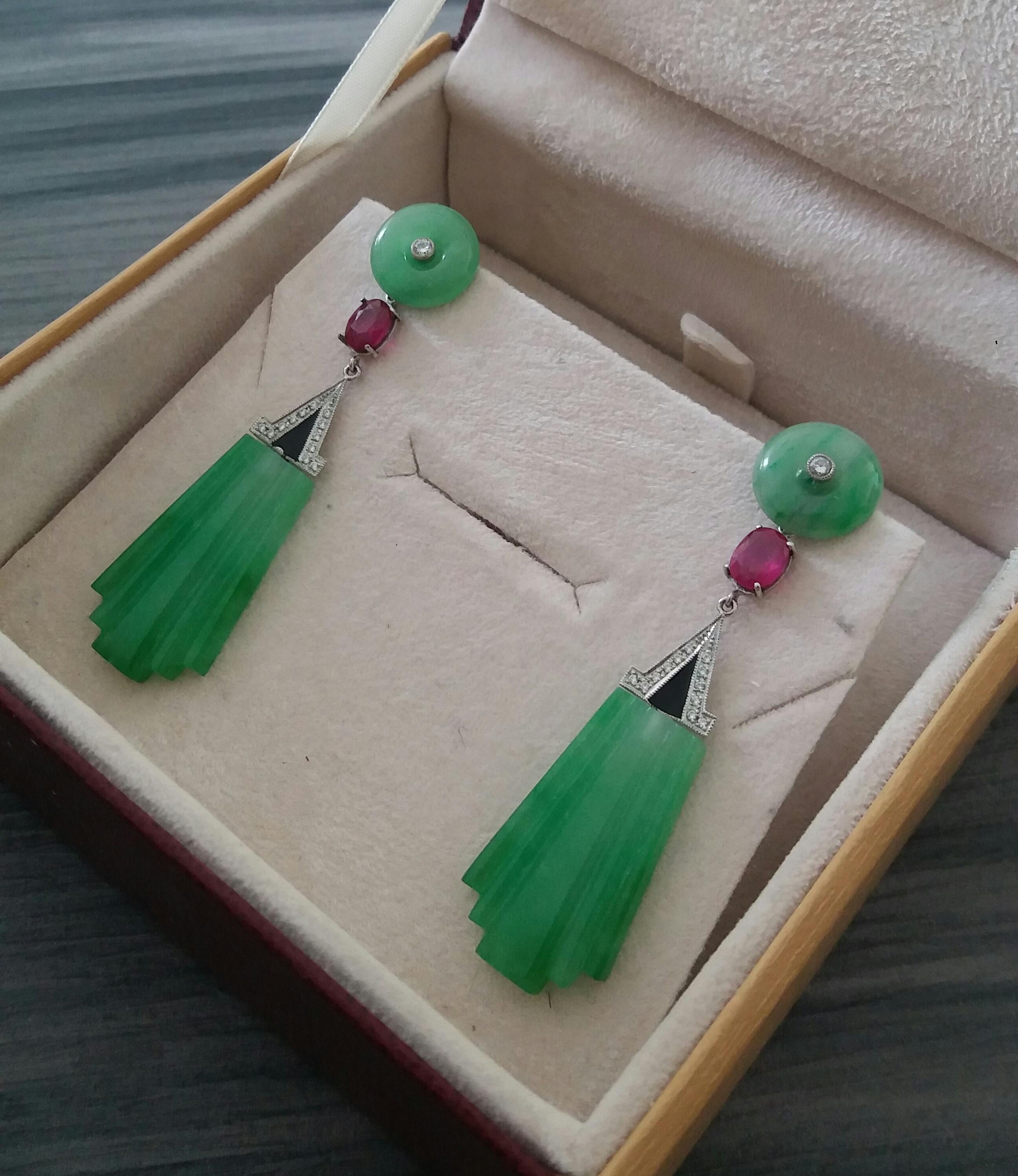 Art Deco Style Carved Jade Gold Diamonds Rubies Black Enamel Dangle Earrings For Sale 2