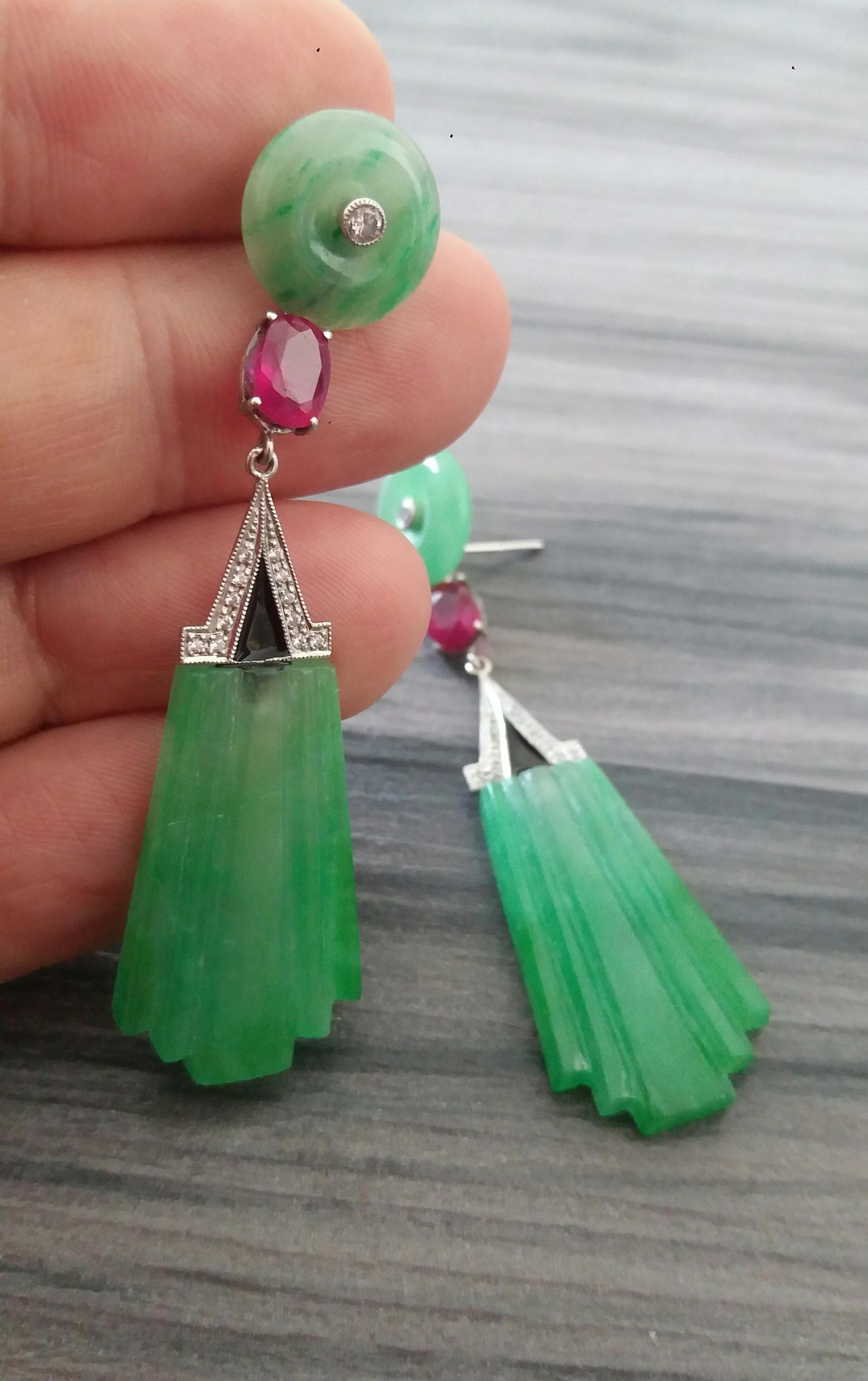 Art Deco Style Carved Jade Gold Diamonds Rubies Black Enamel Dangle Earrings For Sale 4