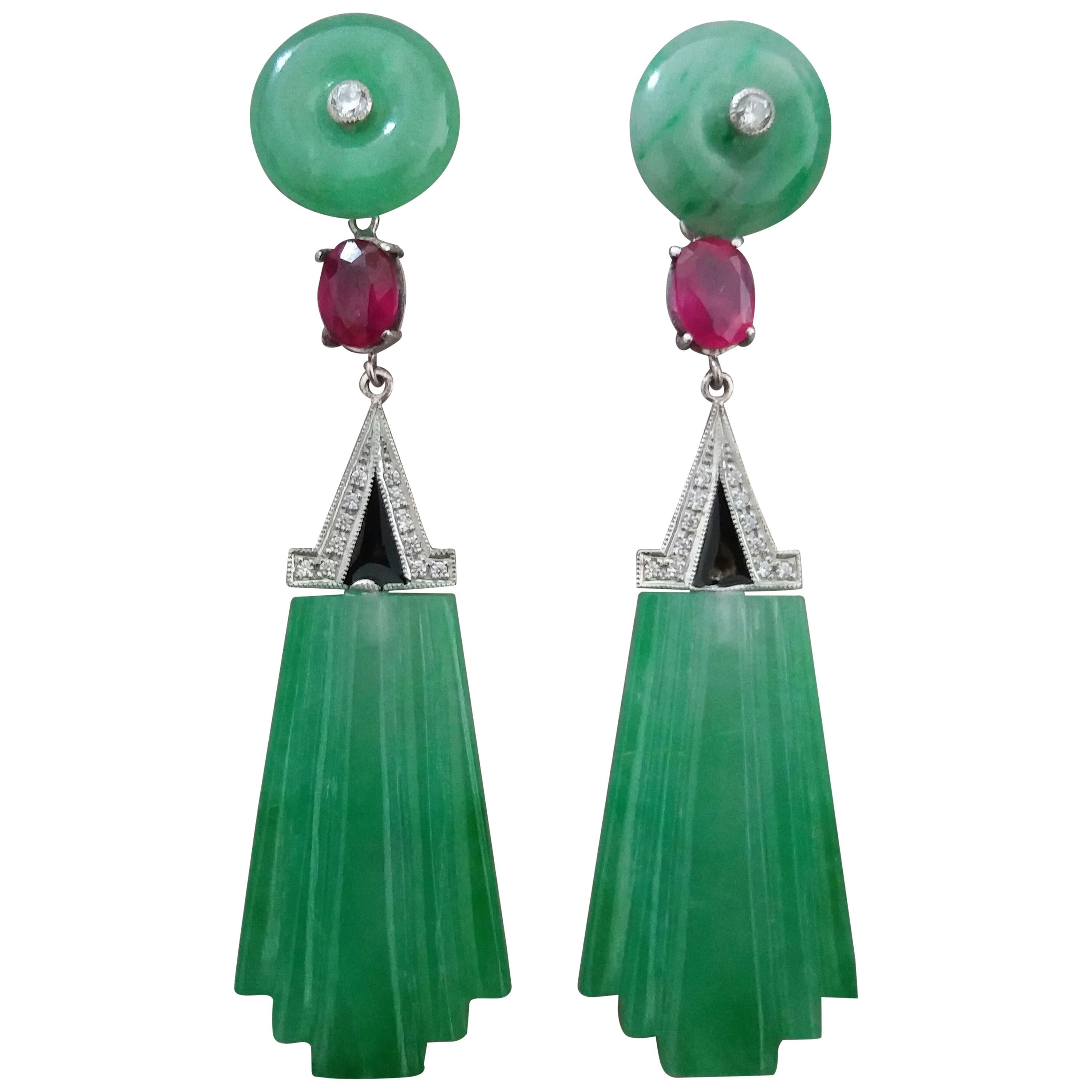 Art Deco Style Carved Jade Gold Diamonds Rubies Black Enamel Dangle Earrings