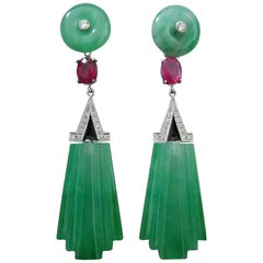 Art Deco Style Carved Jade Gold Diamonds Rubies Black Enamel Dangle Earrings
