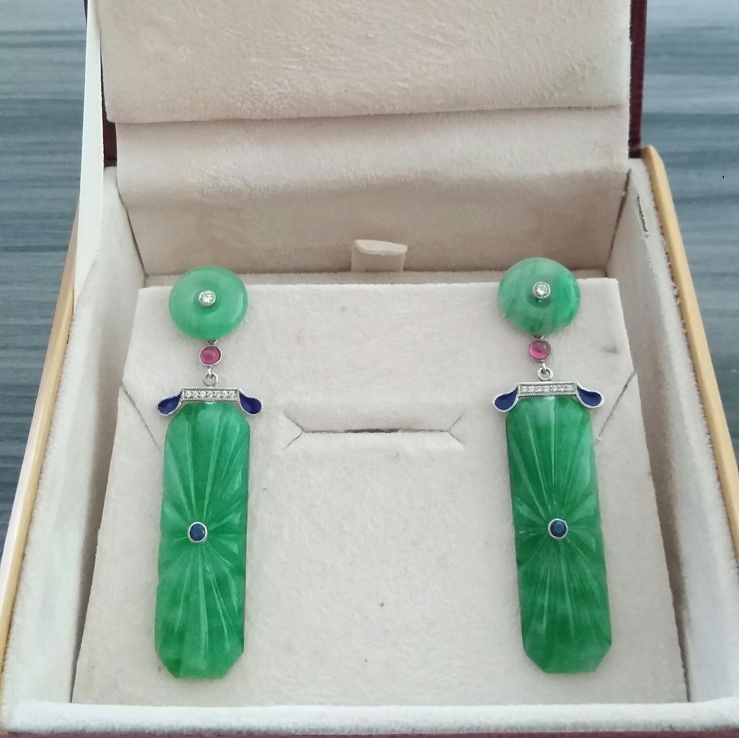 Art Deco Style Carved Jade Gold Diamonds Rubies Blue Sapphires Enamel Earrings For Sale 1