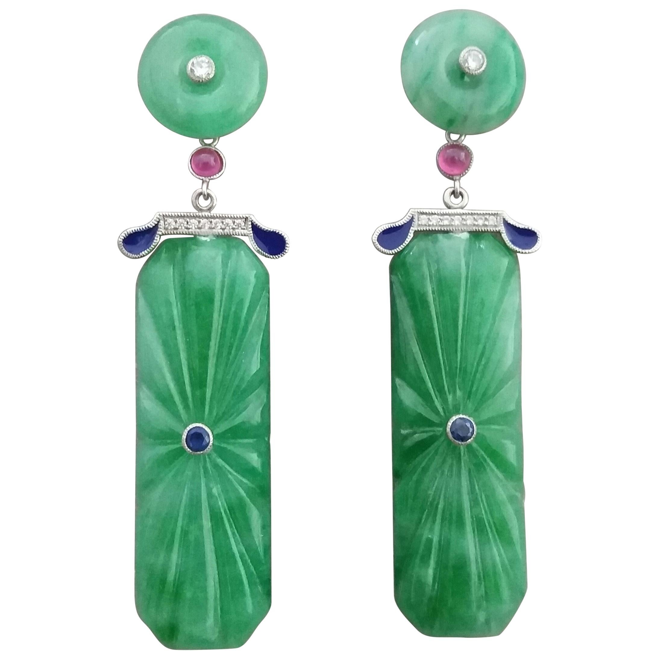 Art Deco Style Carved Jade Gold Diamonds Rubies Blue Sapphires Enamel Earrings For Sale