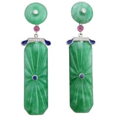Art Deco Style Carved Jade Gold Diamonds Rubies Blue Sapphires Enamel Earrings