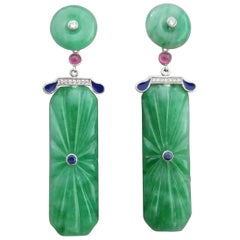 Retro Art Deco Style Carved Jade Gold Diamonds Rubies Blue Sapphires Enamel Earrings