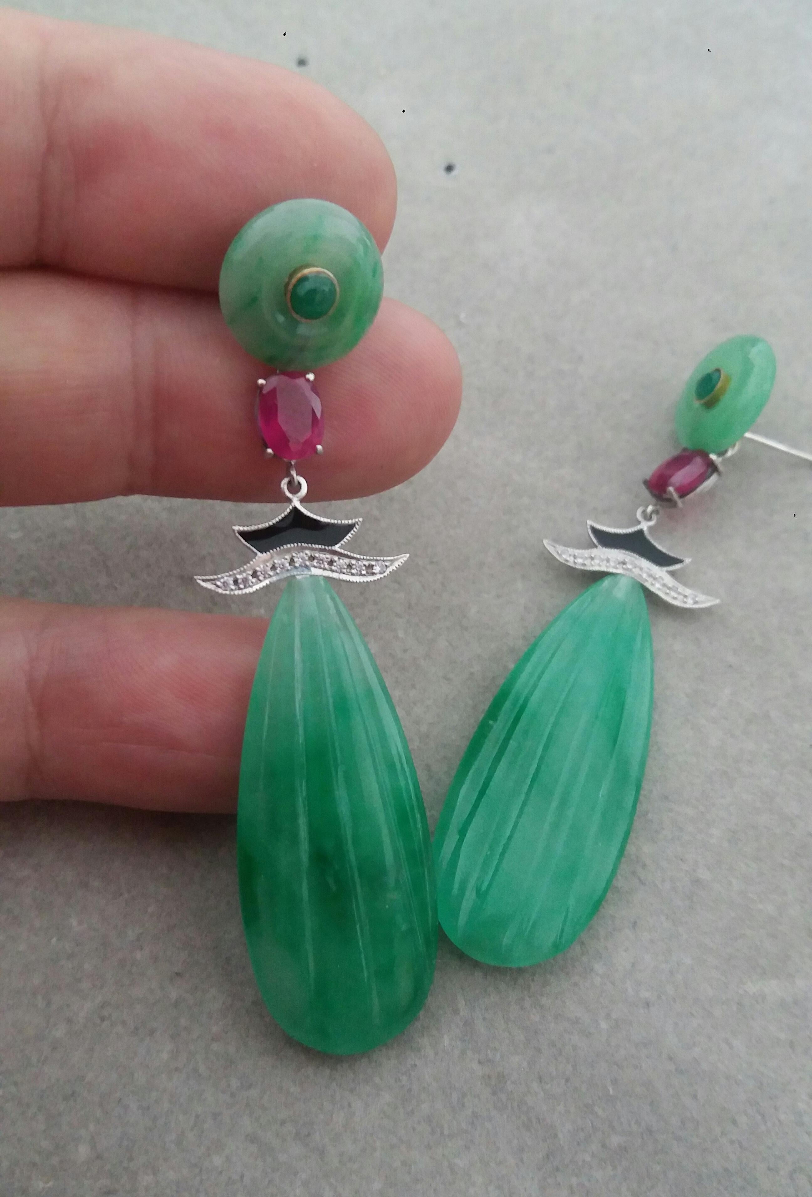Art Deco Style Carved Jade Gold Diamonds Rubies Emeralds Black Enamel Earrings For Sale 6