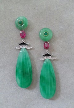 Art Deco Style Carved Jade Gold Diamonds Rubies Emeralds Black Enamel Earrings