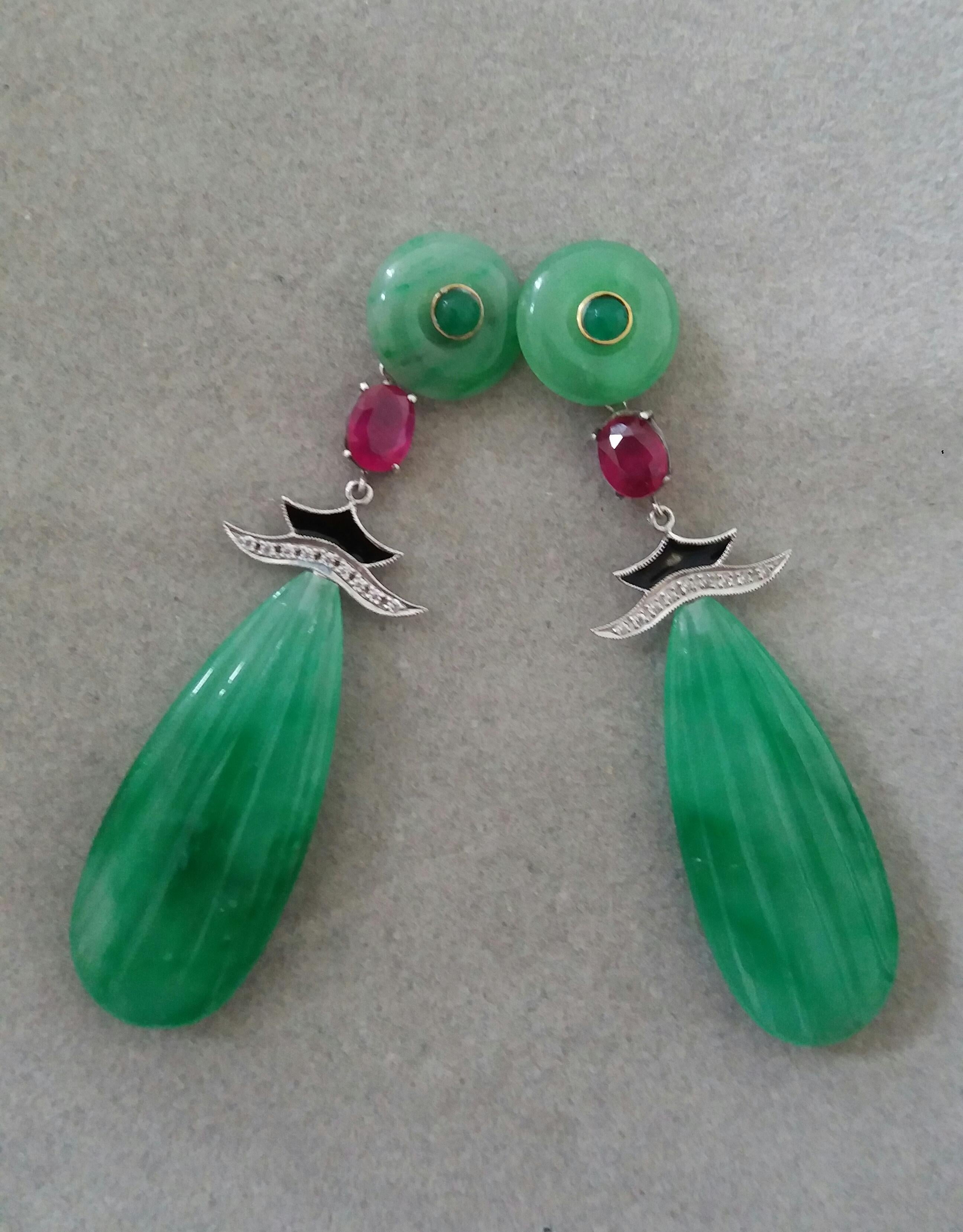 Art Deco Style Carved Jade Gold Diamonds Rubies Emeralds Black Enamel Earrings In Good Condition For Sale In Bangkok, TH