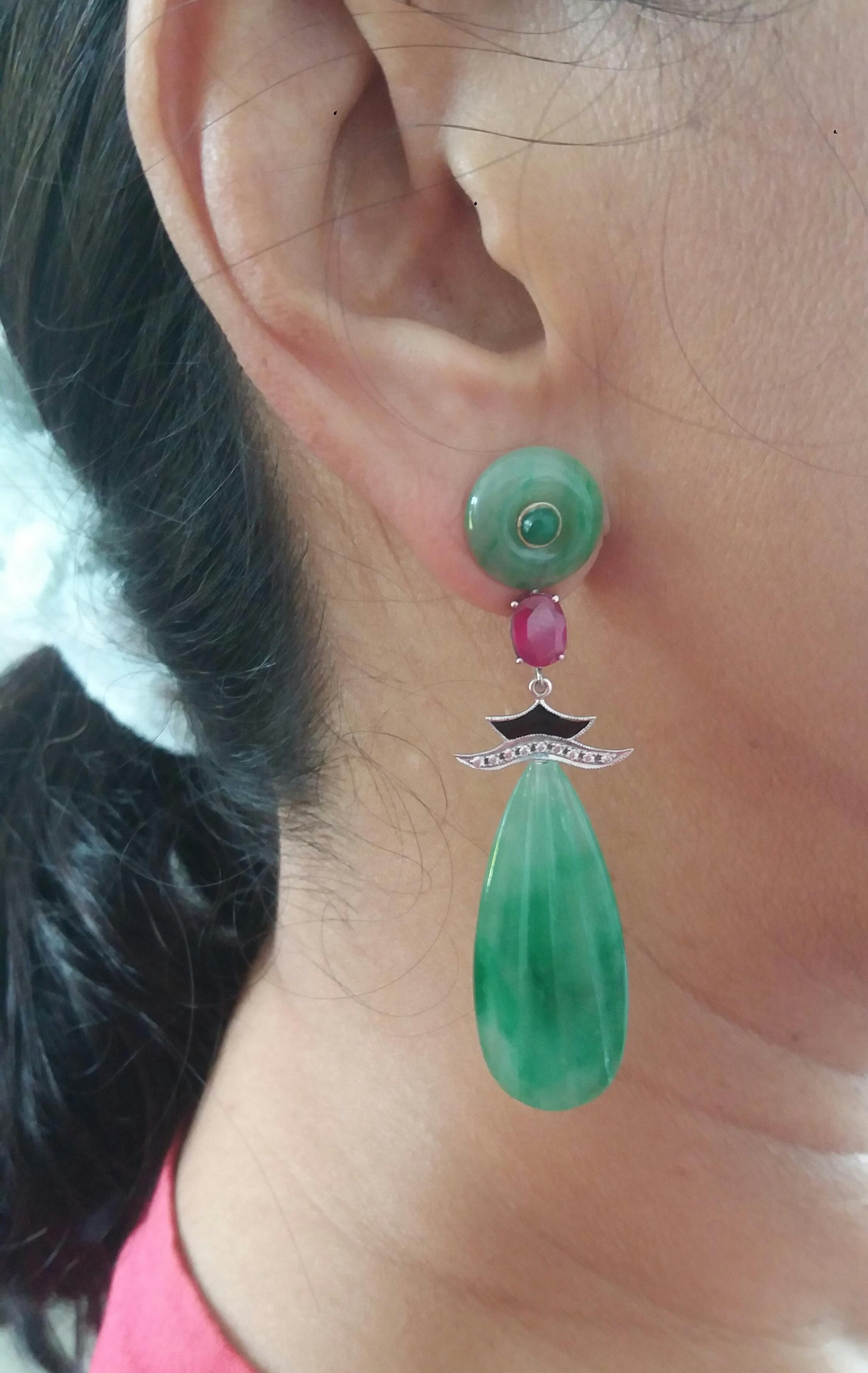 Women's Art Deco Style Carved Jade Gold Diamonds Rubies Emeralds Black Enamel Earrings For Sale