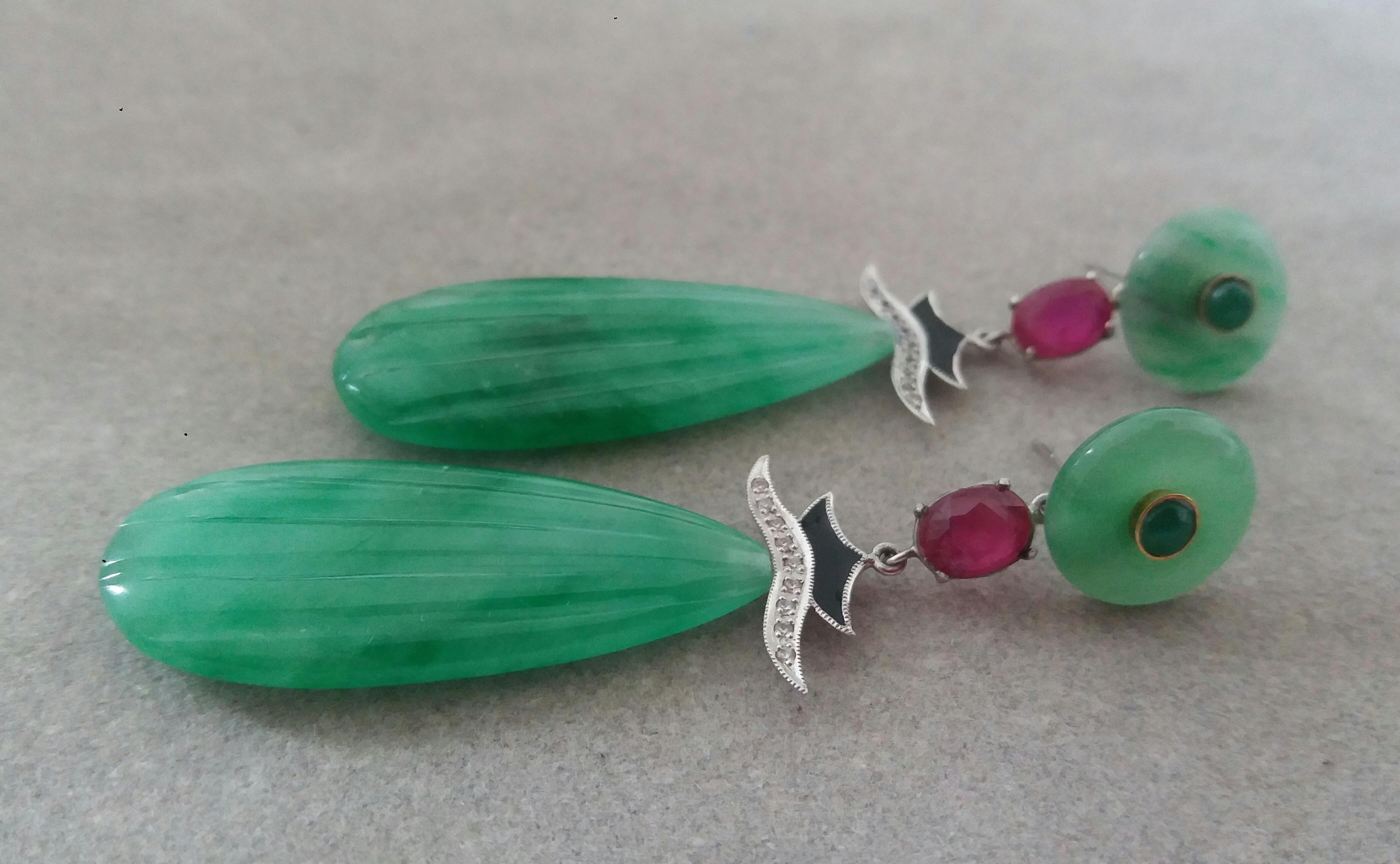 Art Deco Style Carved Jade Gold Diamonds Rubies Emeralds Black Enamel Earrings For Sale 1