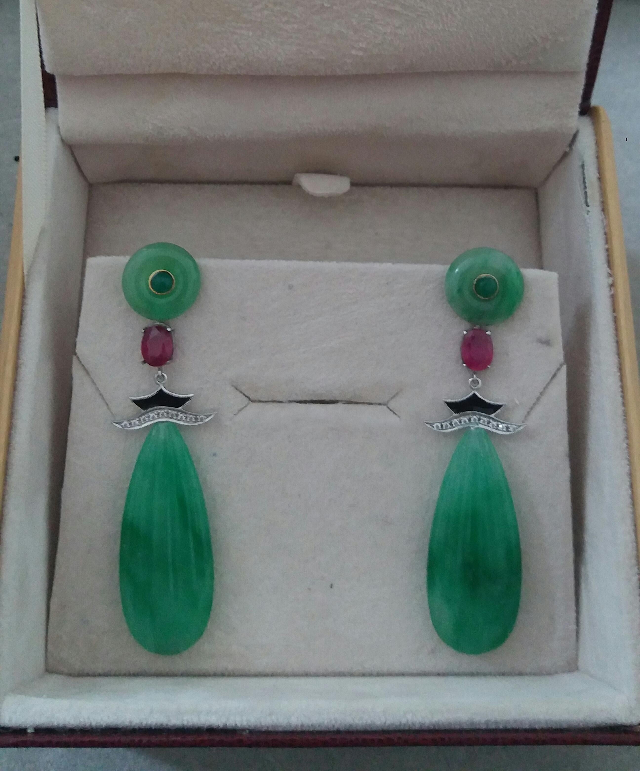 Art Deco Style Carved Jade Gold Diamonds Rubies Emeralds Black Enamel Earrings For Sale 2