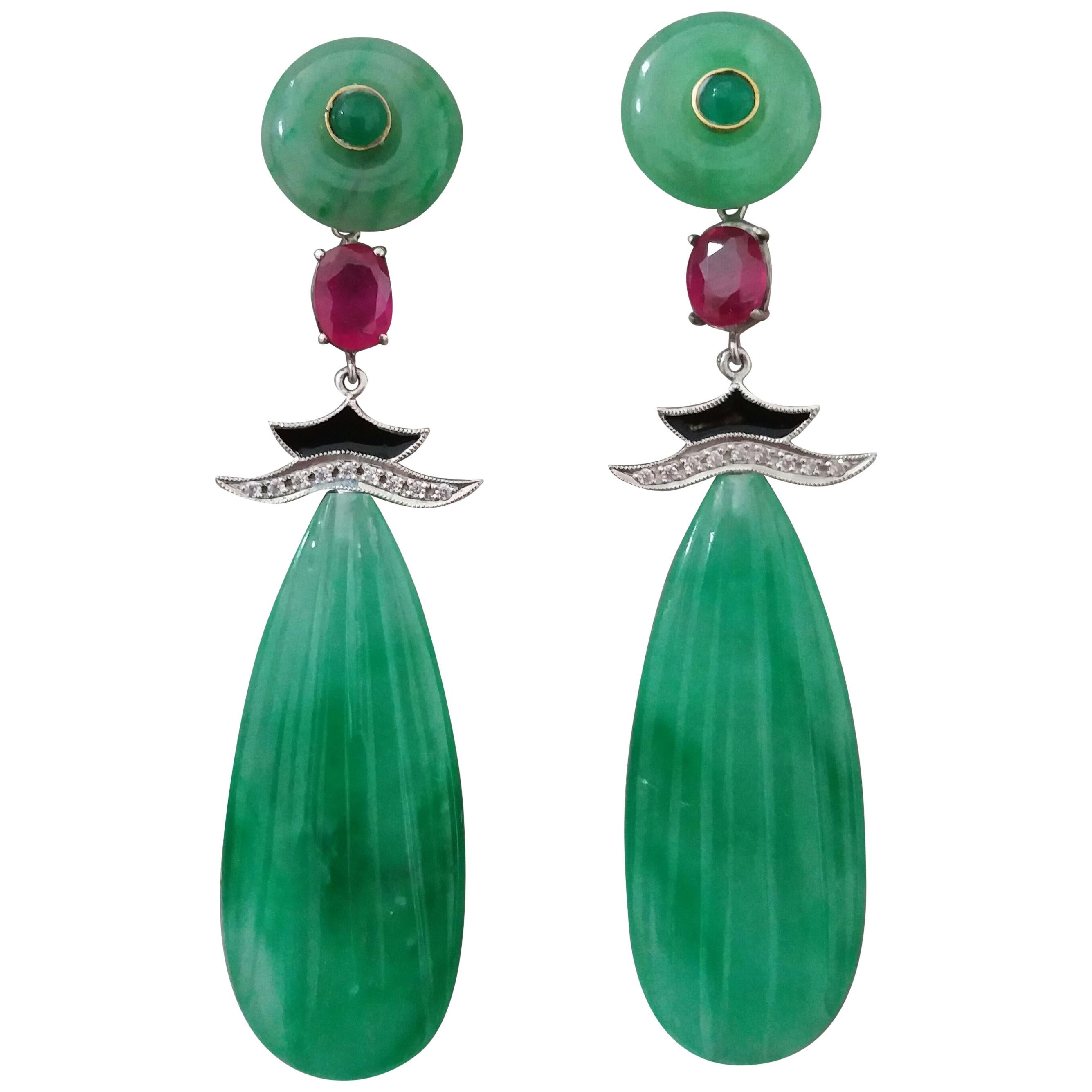 Art Deco Style Carved Jade Gold Diamonds Rubies Emeralds Black Enamel Earrings For Sale