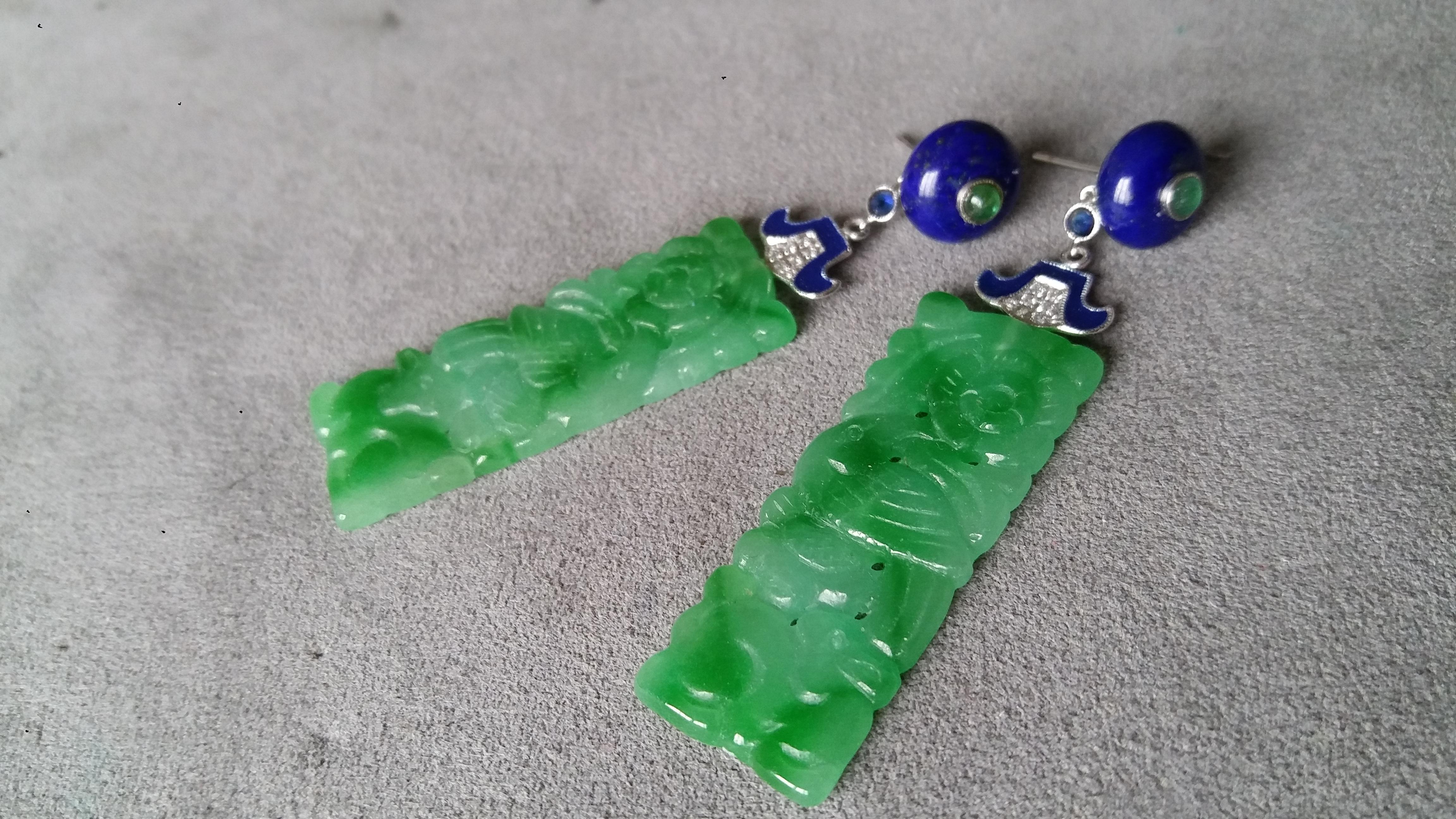 Mixed Cut Art Deco Style Carved Jade Lapis Lazuli Gold Emeralds Diamonds Enamel Earrings For Sale