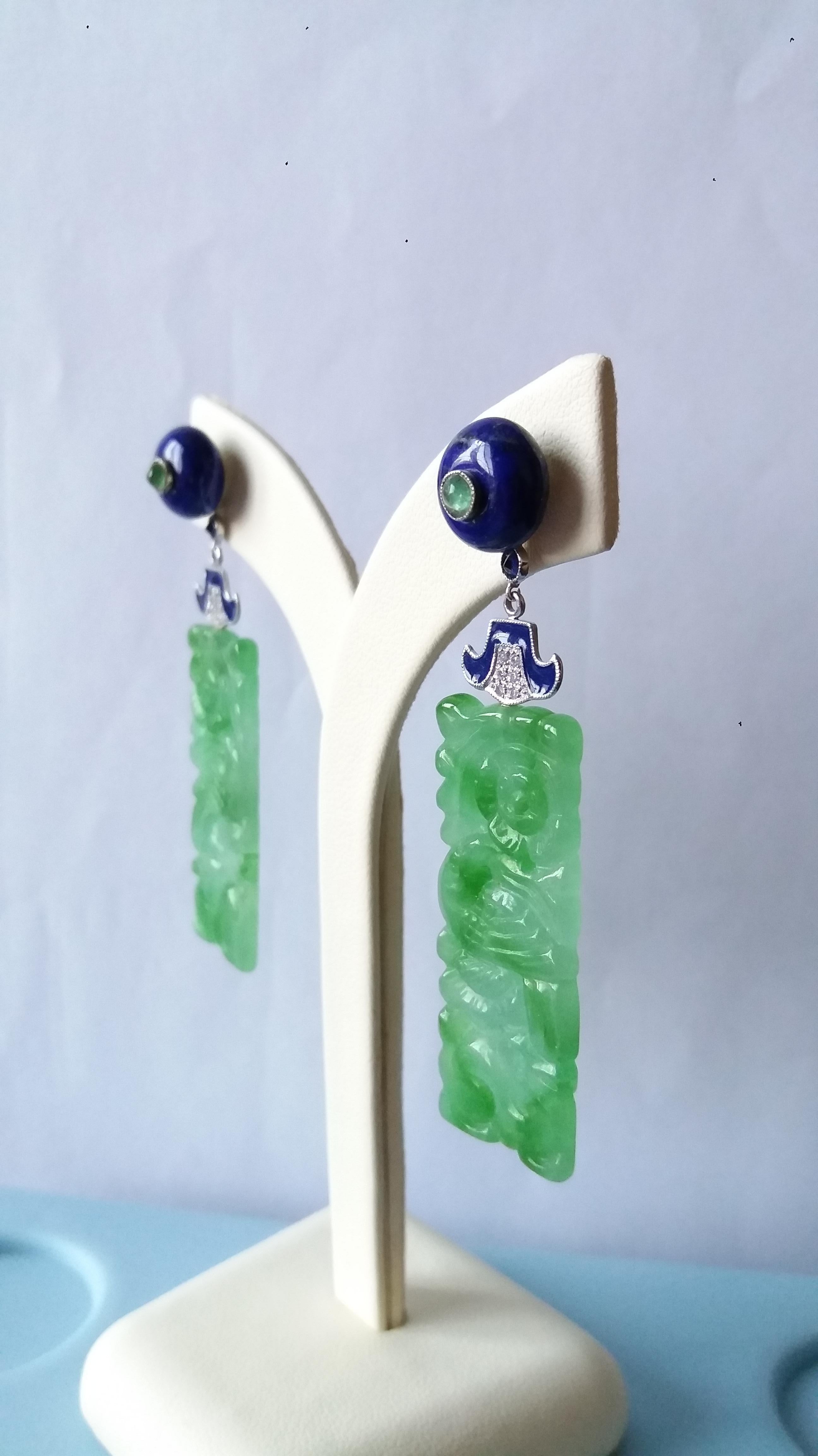 Women's Art Deco Style Carved Jade Lapis Lazuli Gold Emeralds Diamonds Enamel Earrings For Sale
