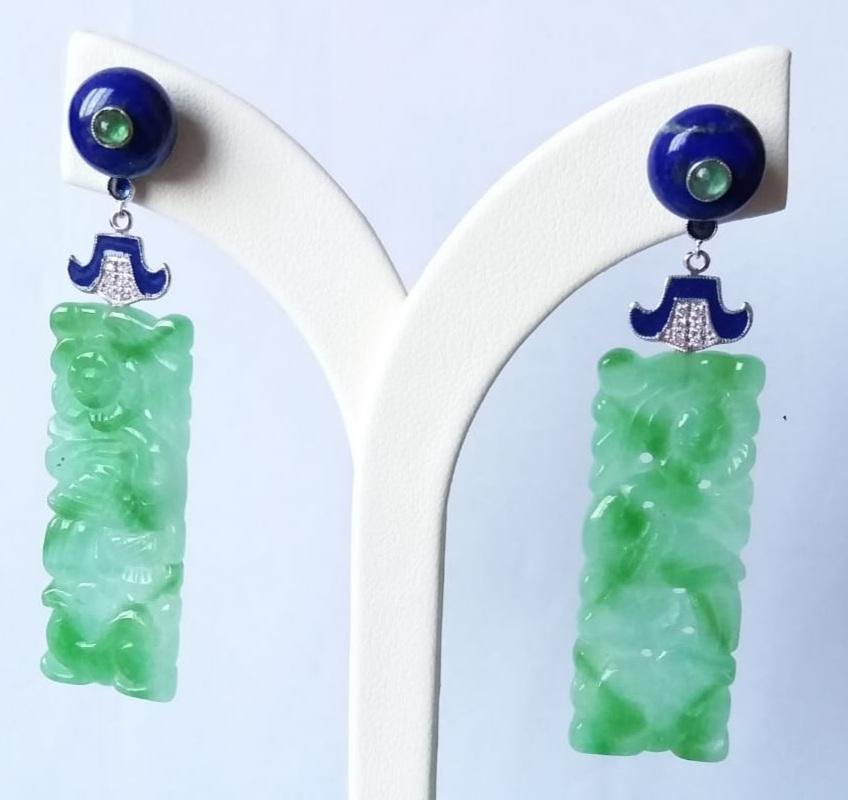 Art Deco Style Carved Jade Lapis Lazuli Gold Emeralds Diamonds Enamel Earrings For Sale 1