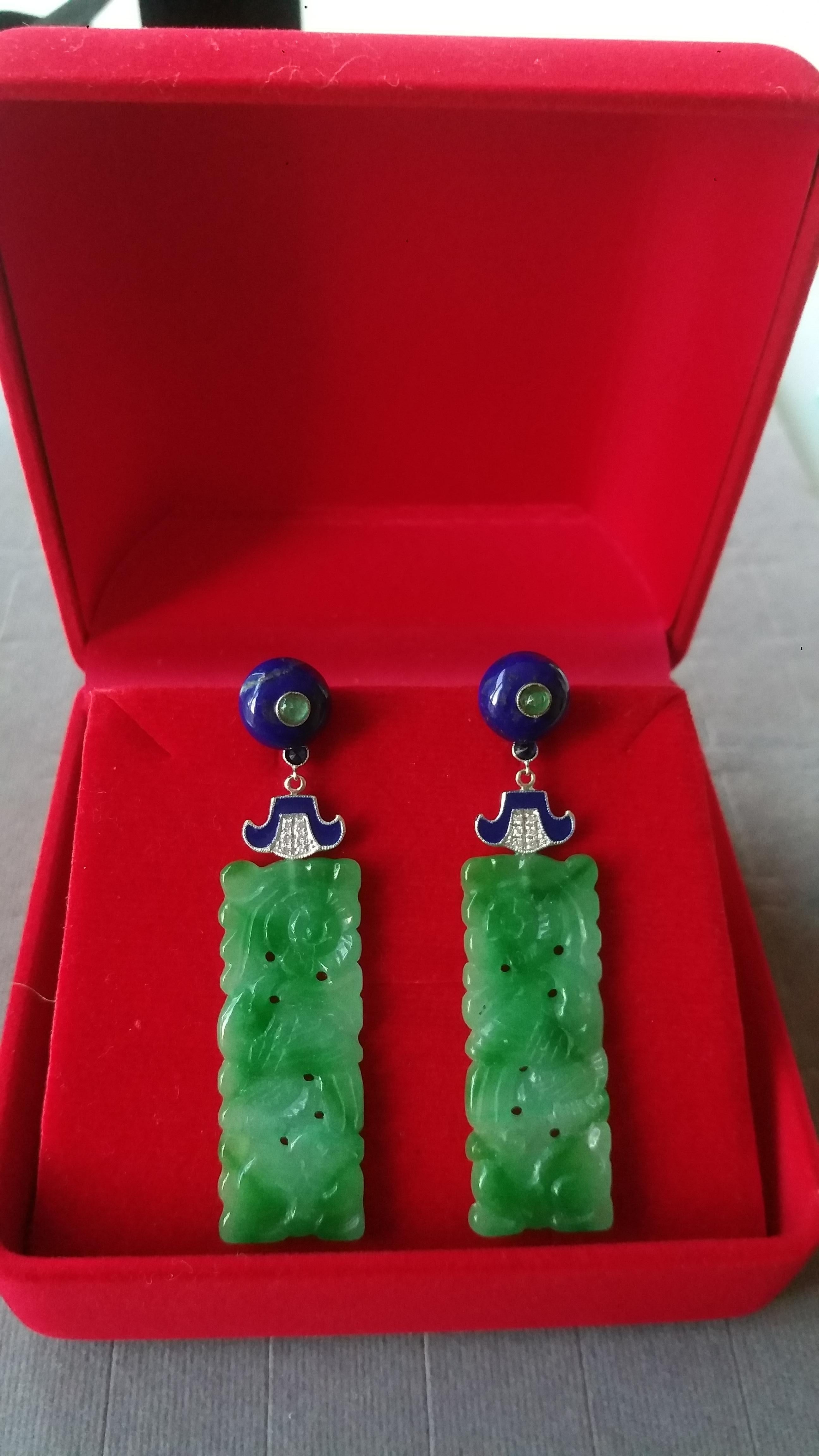 Art Deco Style Carved Jade Lapis Lazuli Gold Emeralds Diamonds Enamel Earrings For Sale 2