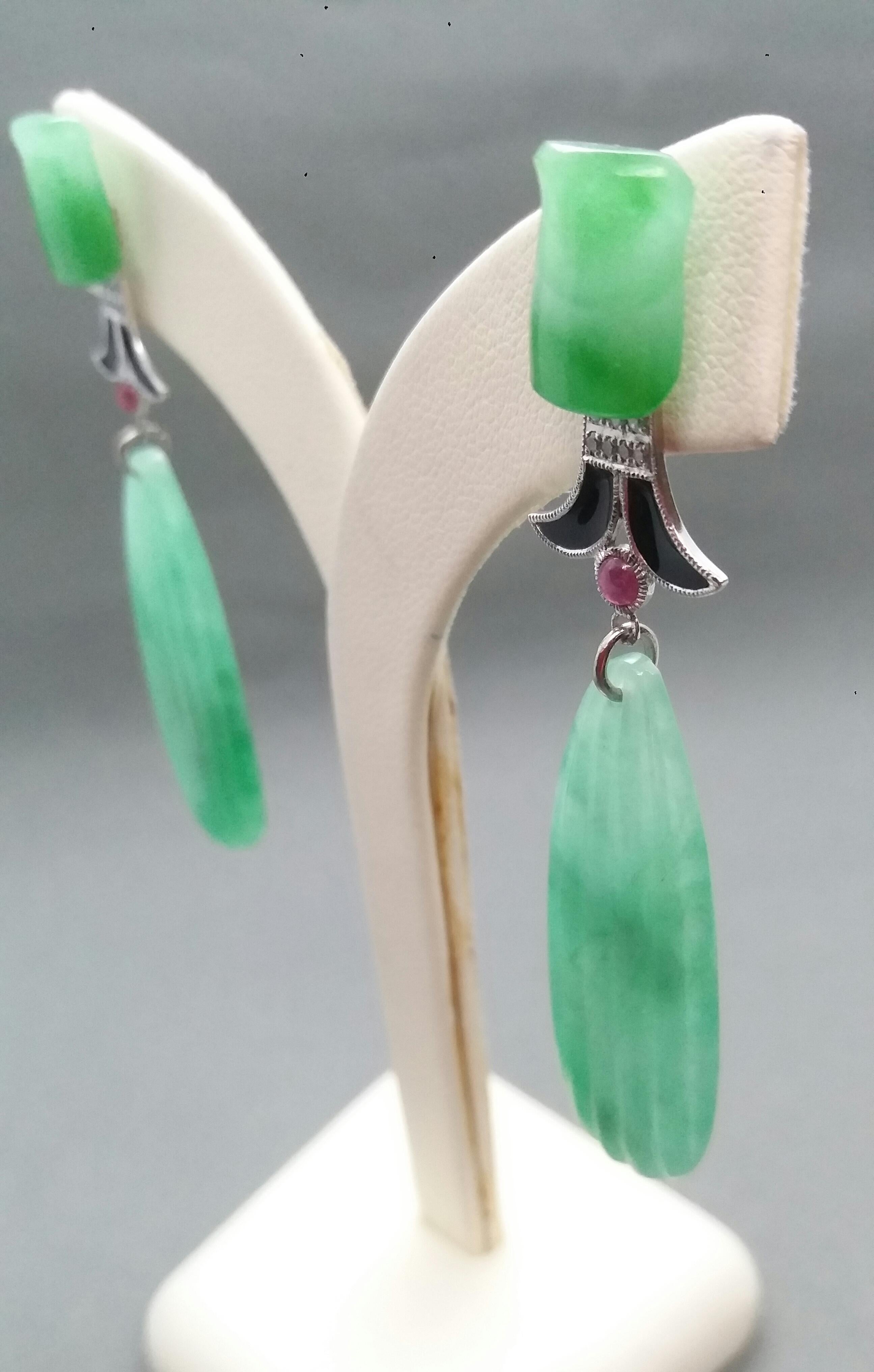 Art Deco Style Carved Jade White Gold Diamonds Rubies Black Enamel Drop Earrings For Sale 5
