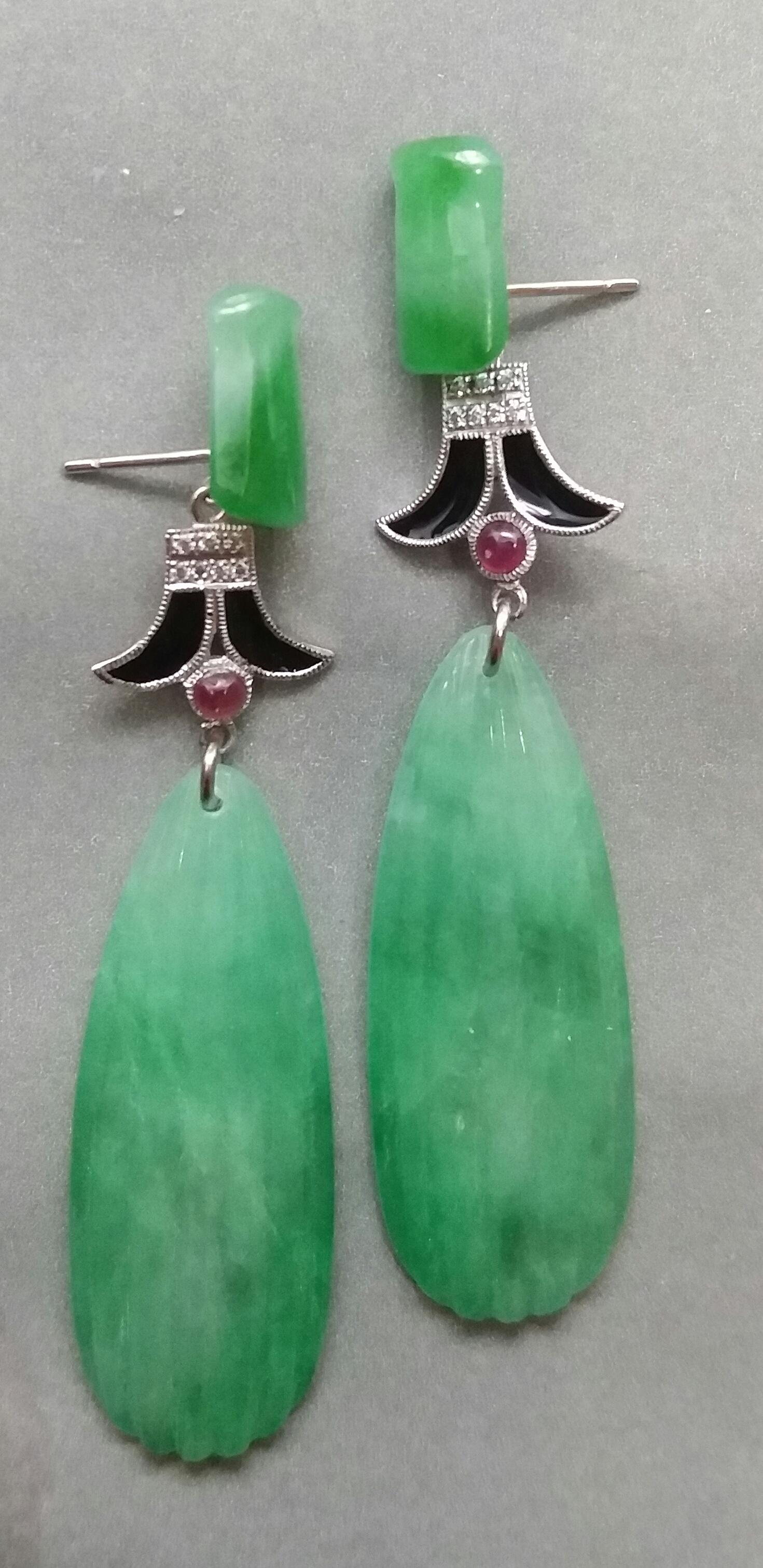 Art Deco Style Carved Jade White Gold Diamonds Rubies Black Enamel Drop Earrings For Sale 3