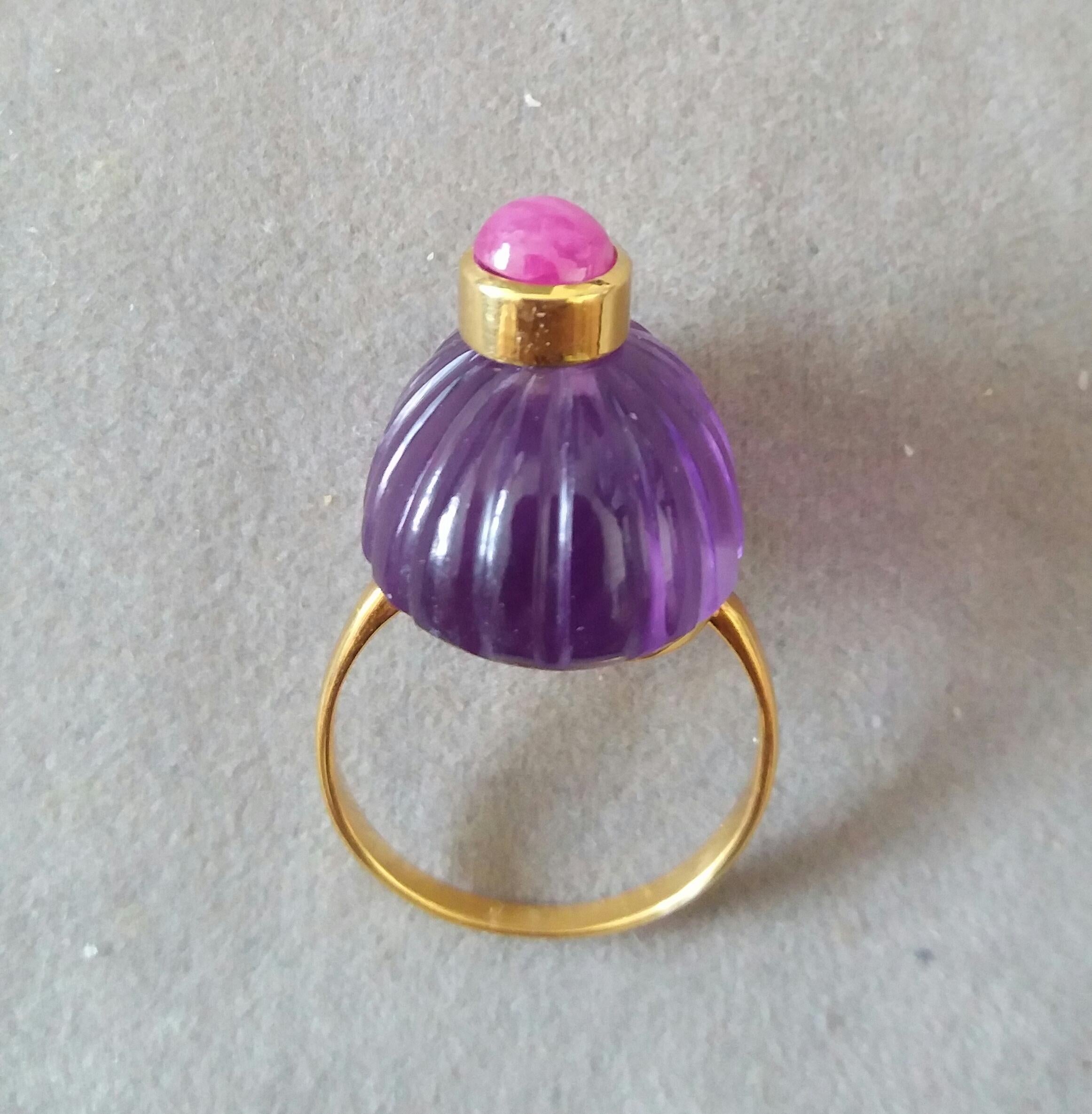For Sale:  Art Deco Style Carved Oval Amethyst Round Ruby Cab 14k Yellow Gold Cocktail Ring 10