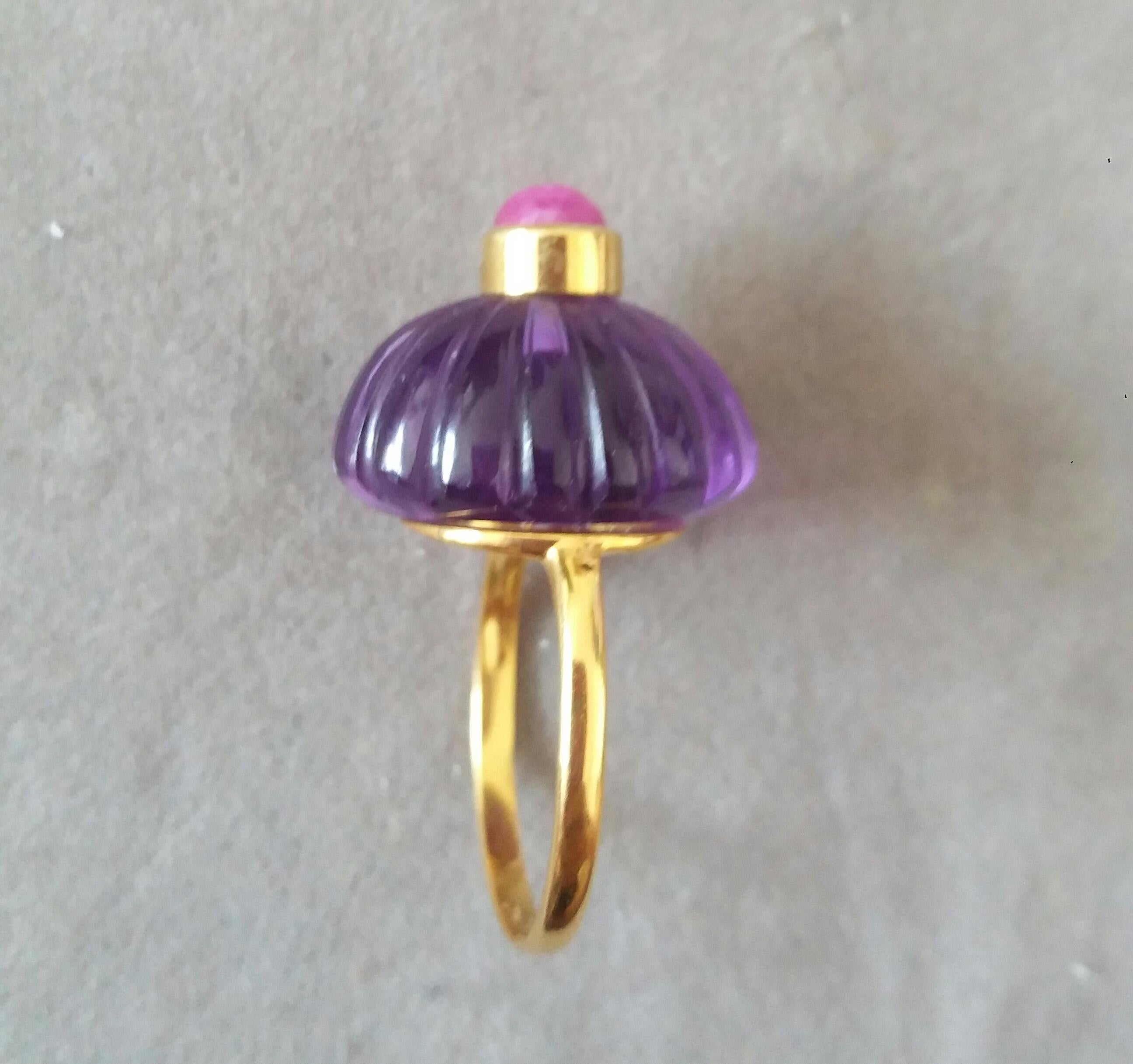 For Sale:  Art Deco Style Carved Oval Amethyst Round Ruby Cab 14k Yellow Gold Cocktail Ring 11