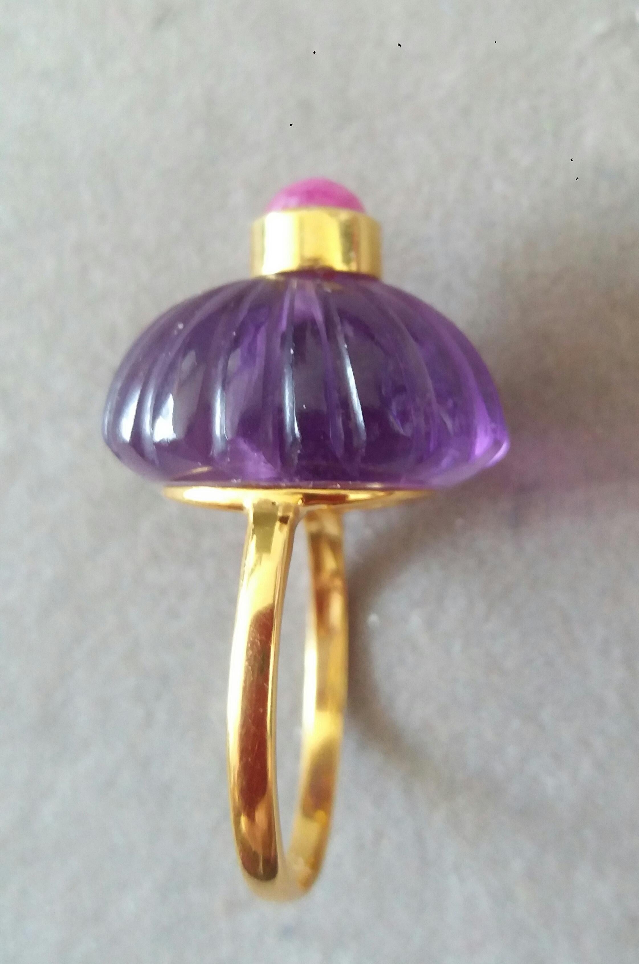 For Sale:  Art Deco Style Carved Oval Amethyst Round Ruby Cab 14k Yellow Gold Cocktail Ring 12