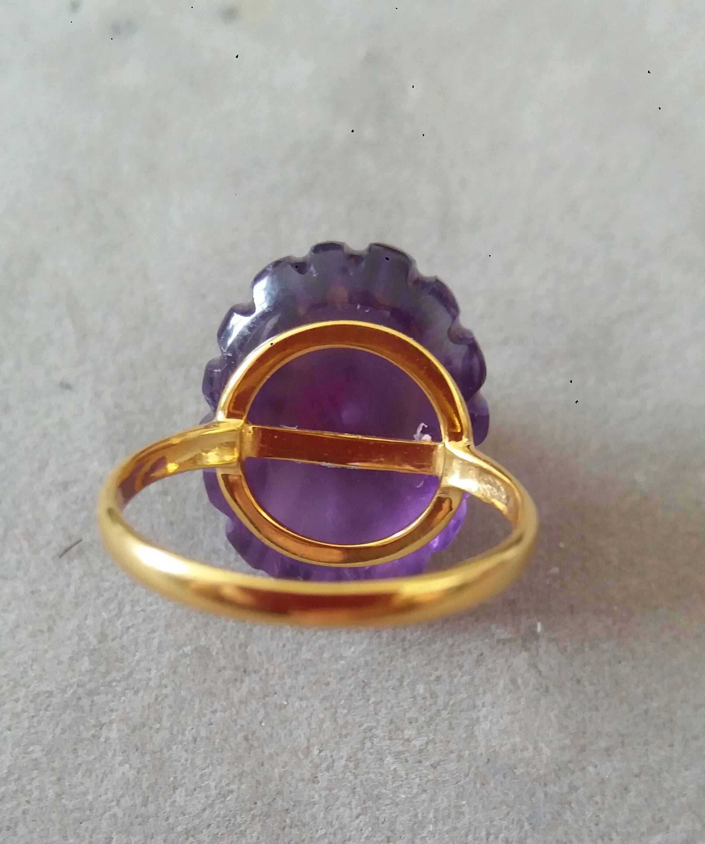 For Sale:  Art Deco Style Carved Oval Amethyst Round Ruby Cab 14k Yellow Gold Cocktail Ring 13