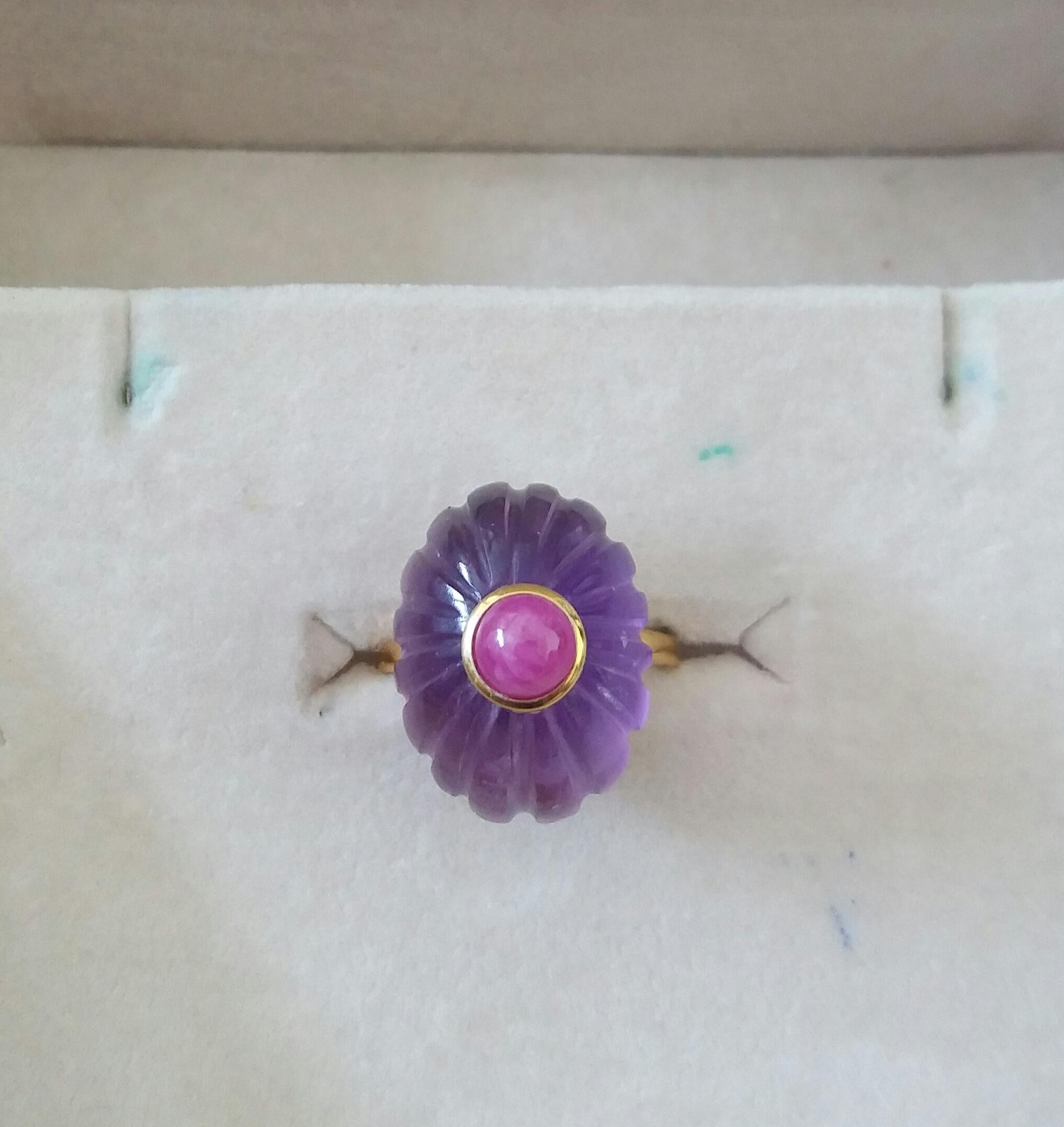 For Sale:  Art Deco Style Carved Oval Amethyst Round Ruby Cab 14k Yellow Gold Cocktail Ring 15