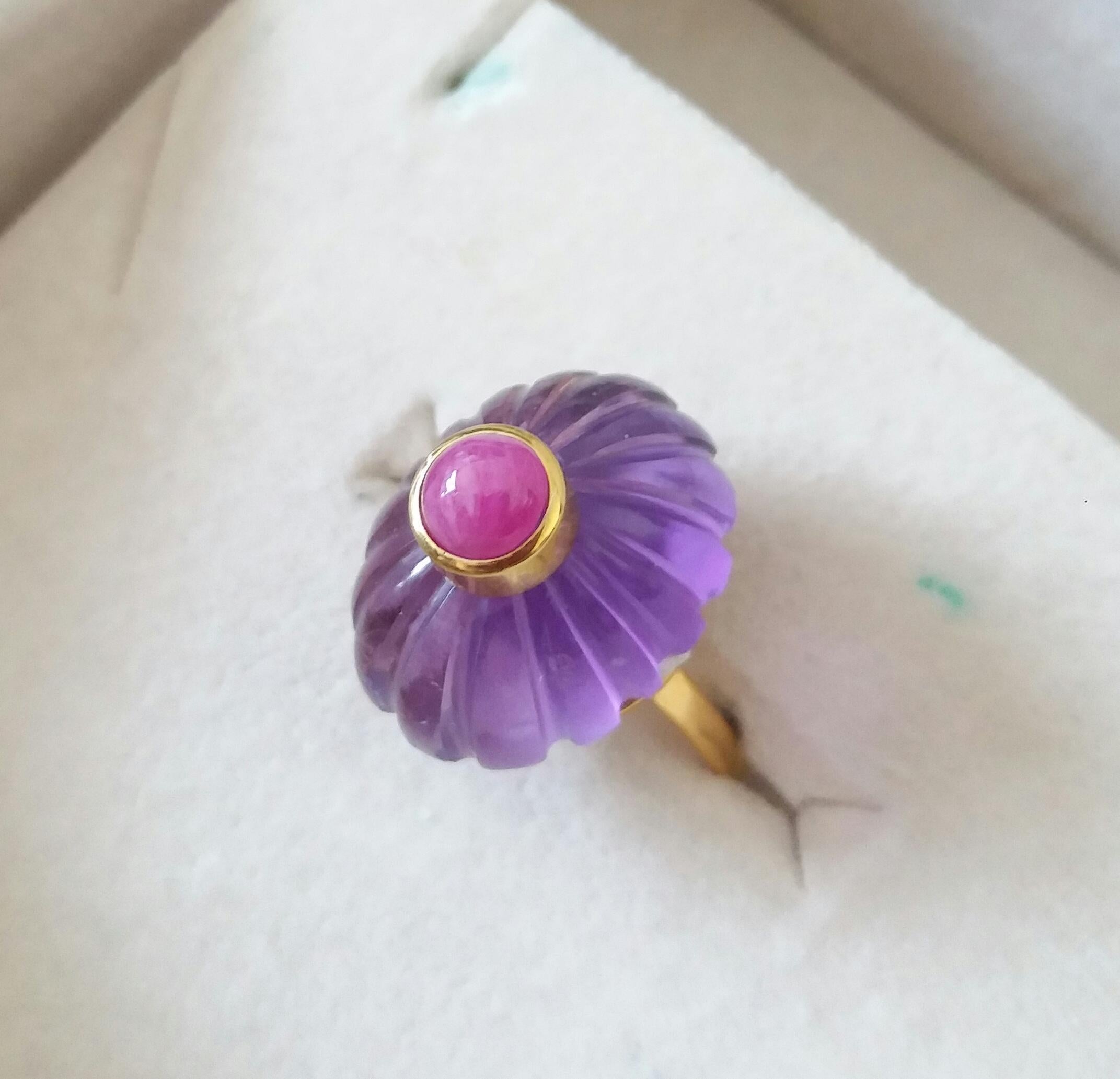 For Sale:  Art Deco Style Carved Oval Amethyst Round Ruby Cab 14k Yellow Gold Cocktail Ring 16
