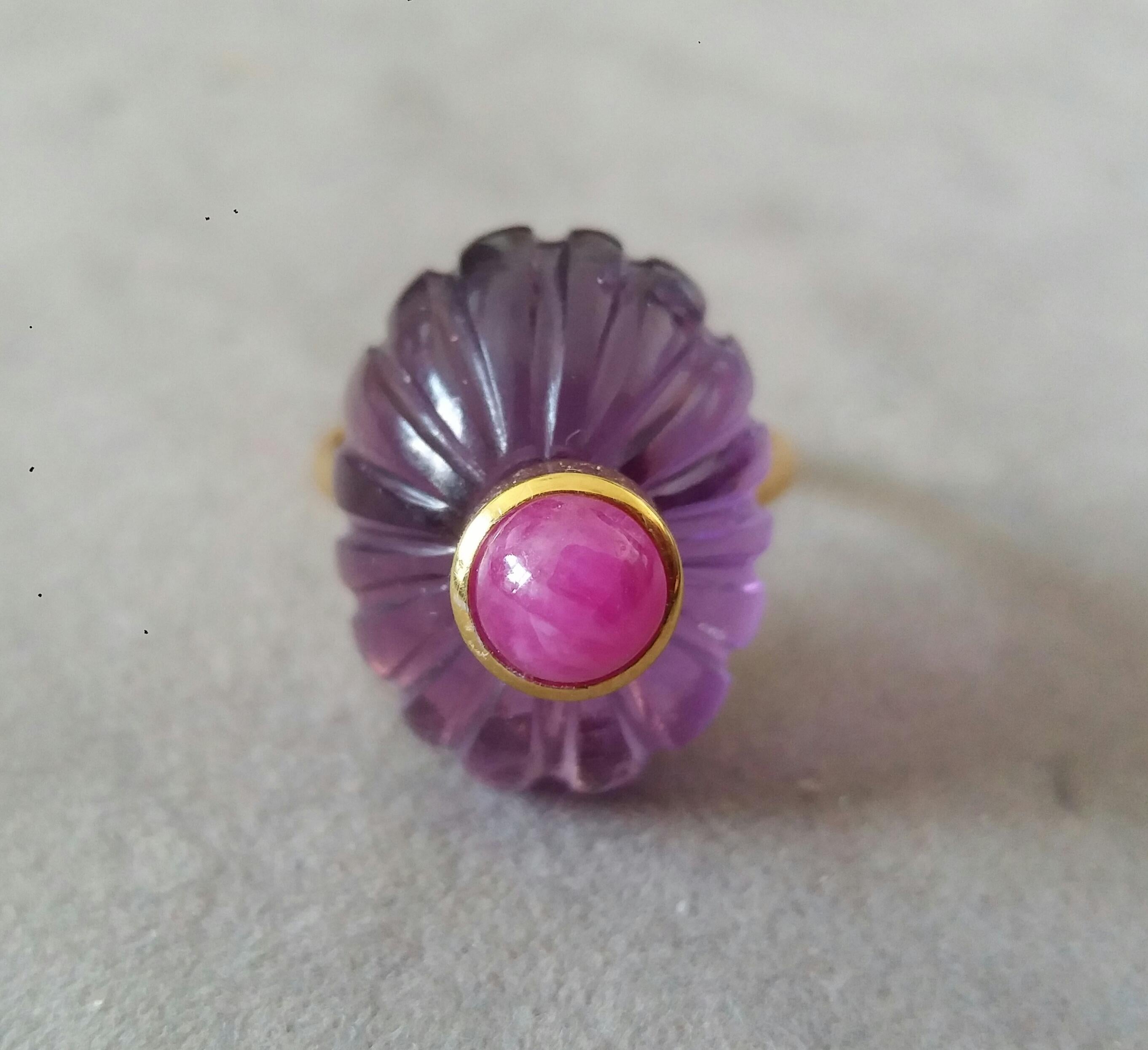 For Sale:  Art Deco Style Carved Oval Amethyst Round Ruby Cab 14k Yellow Gold Cocktail Ring 5