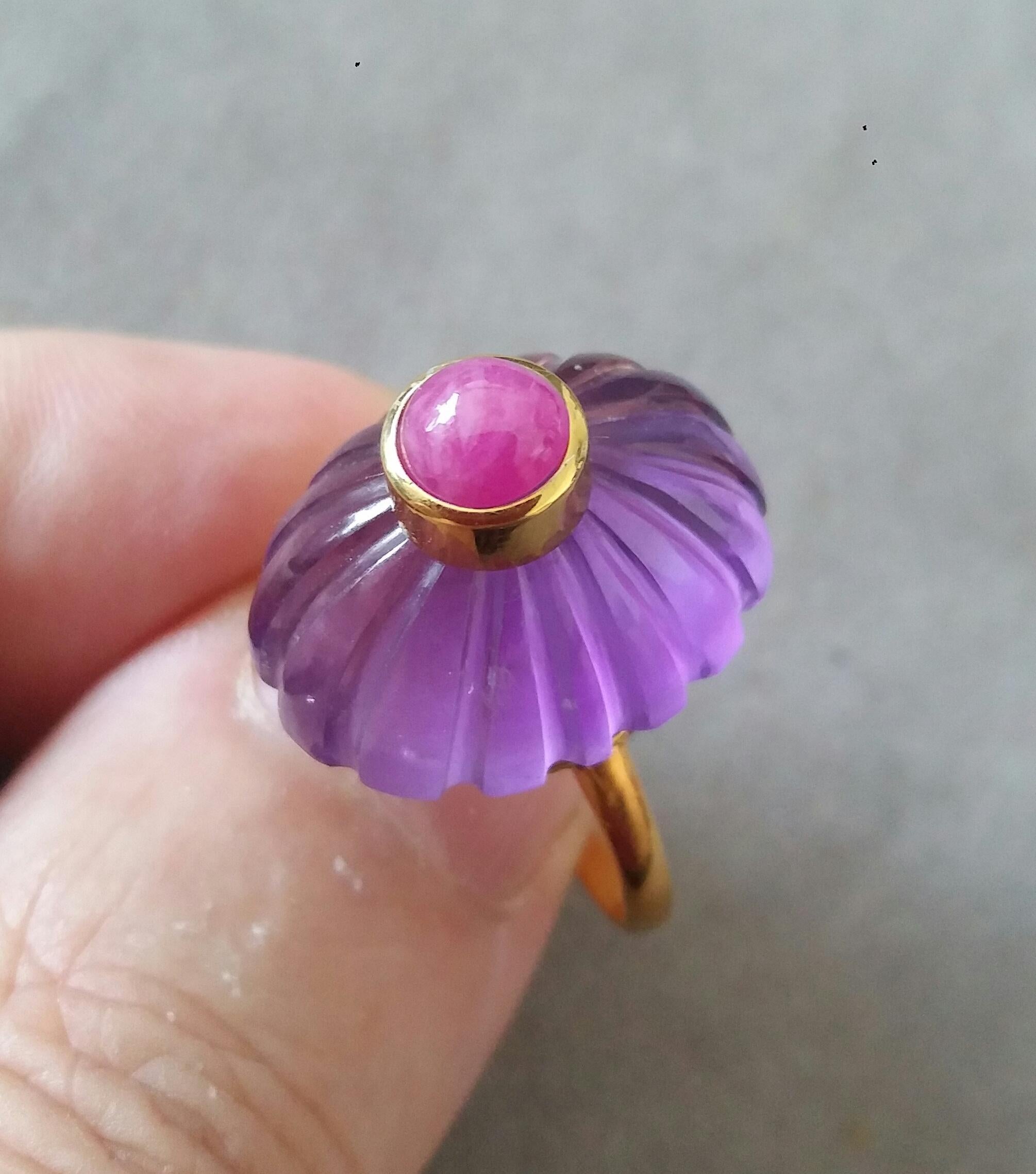For Sale:  Art Deco Style Carved Oval Amethyst Round Ruby Cab 14k Yellow Gold Cocktail Ring 6