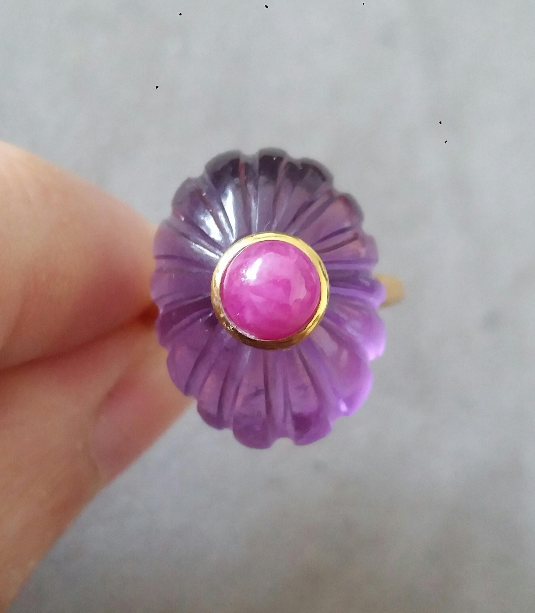 For Sale:  Art Deco Style Carved Oval Amethyst Round Ruby Cab 14k Yellow Gold Cocktail Ring 7