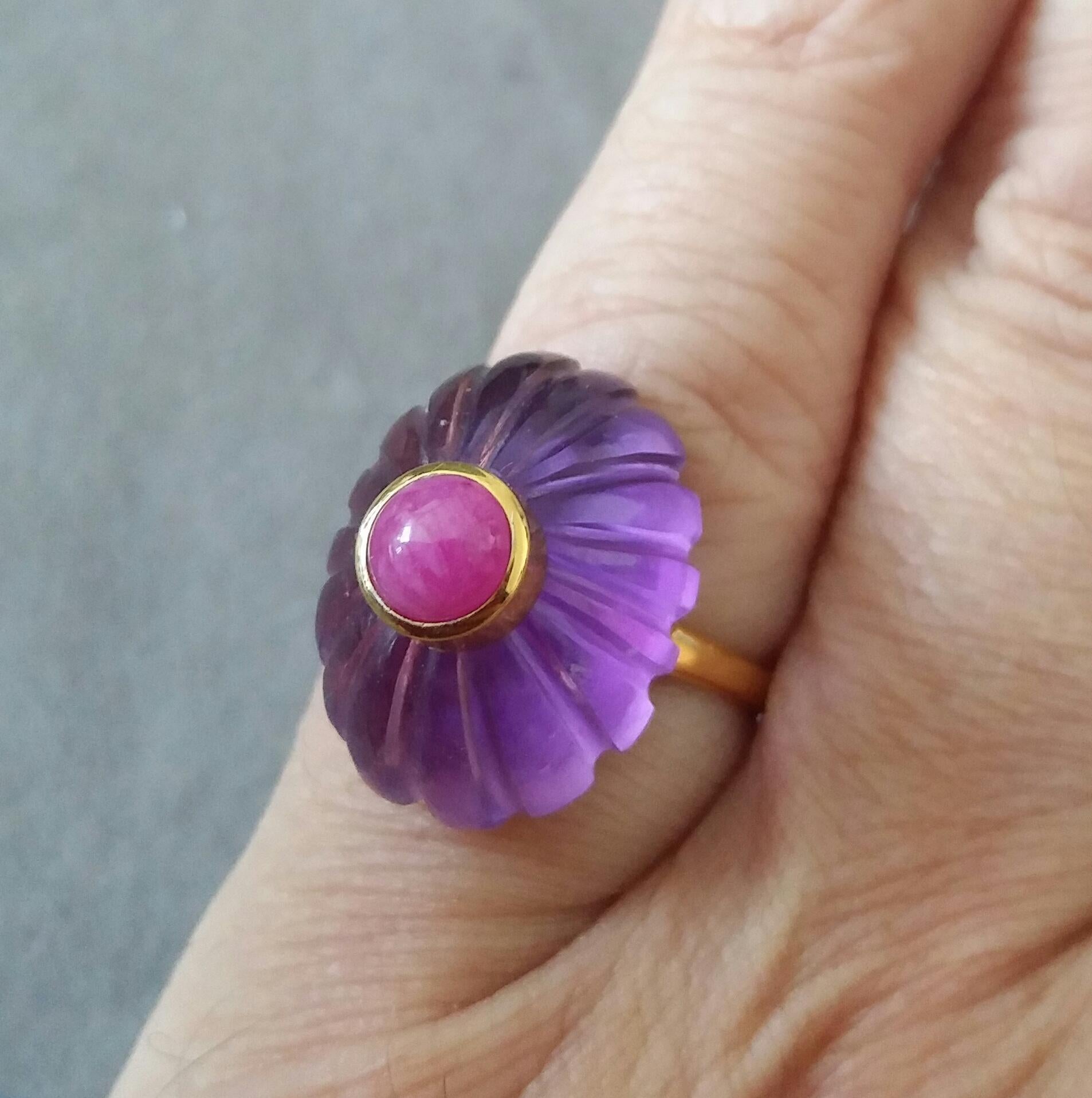 For Sale:  Art Deco Style Carved Oval Amethyst Round Ruby Cab 14k Yellow Gold Cocktail Ring 8