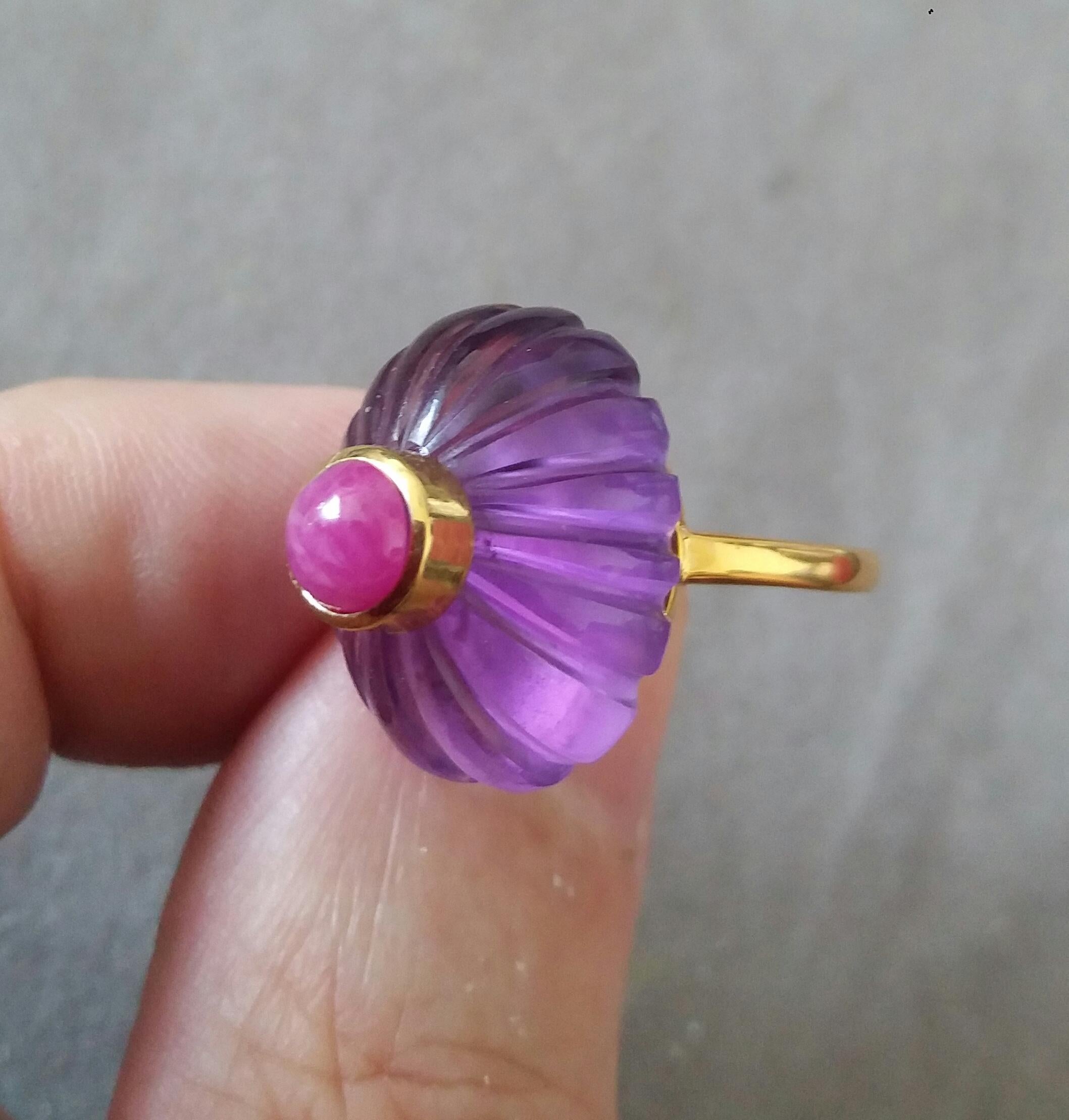 For Sale:  Art Deco Style Carved Oval Amethyst Round Ruby Cab 14k Yellow Gold Cocktail Ring 9
