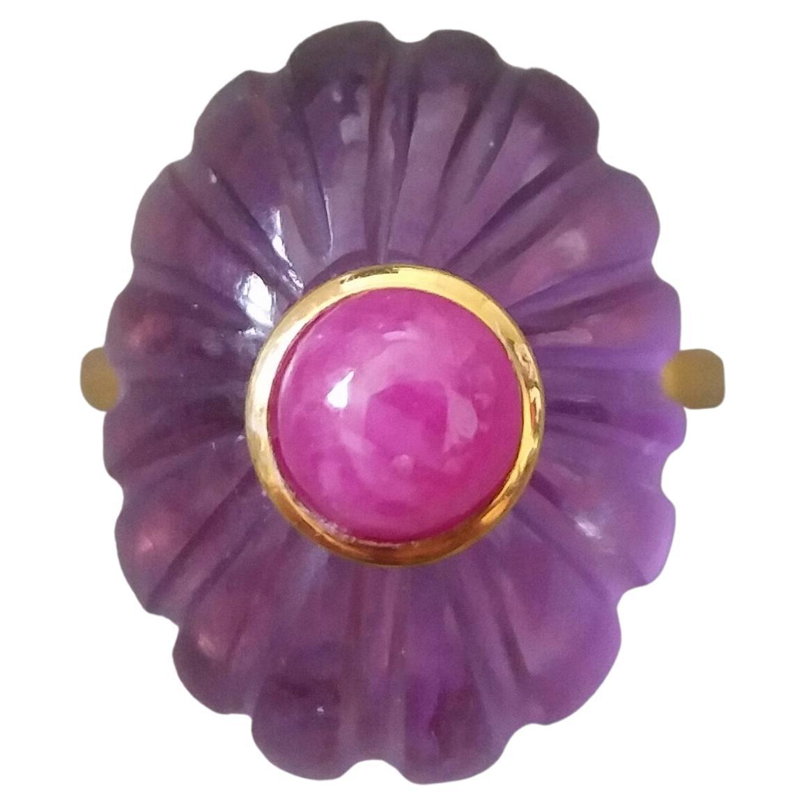 For Sale:  Art Deco Style Carved Oval Amethyst Round Ruby Cab 14k Yellow Gold Cocktail Ring
