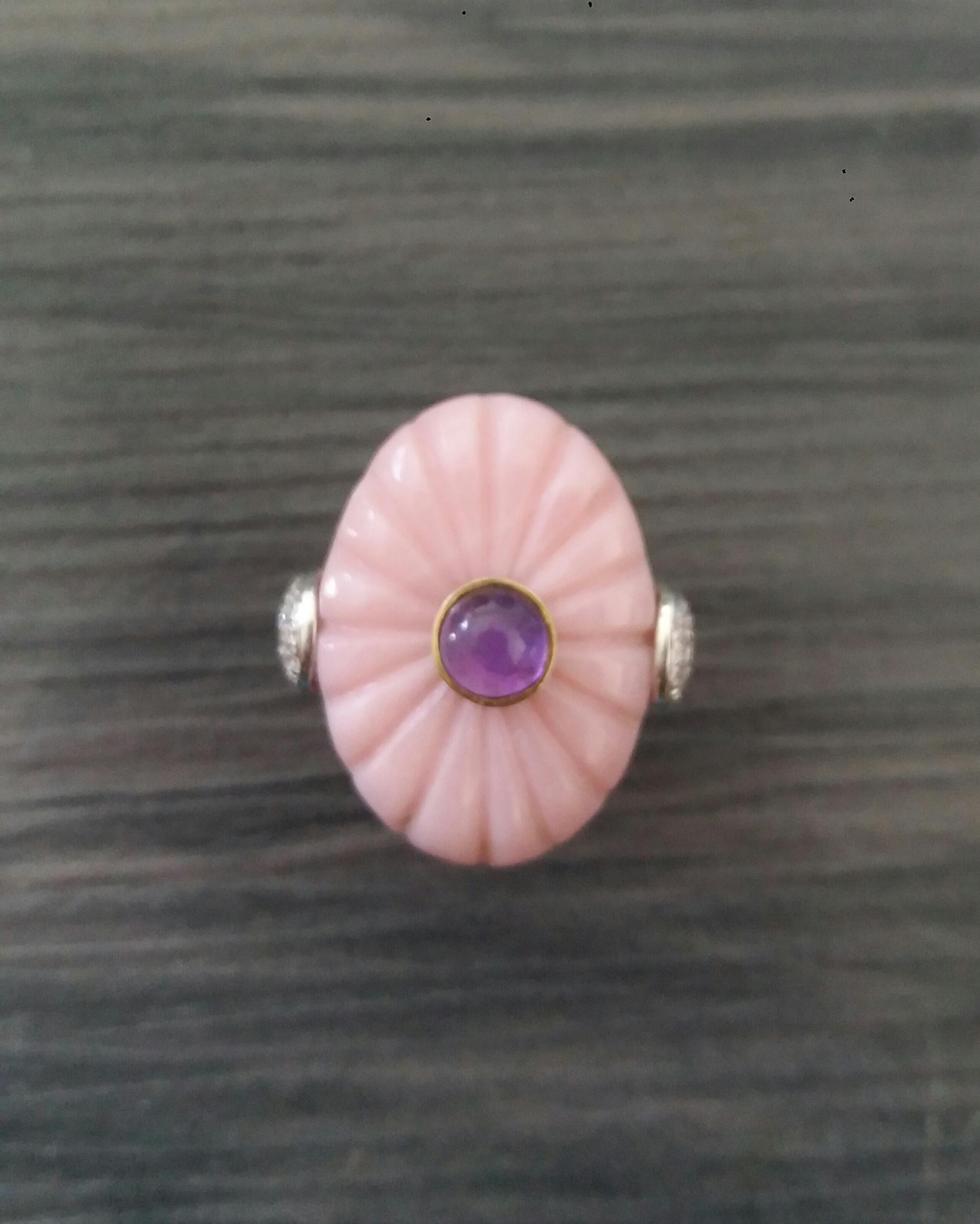 For Sale:  Art Deco Style Carved Pink Opal Genuine Amethyst Cab Gold Diamonds Cocktail Ring 10