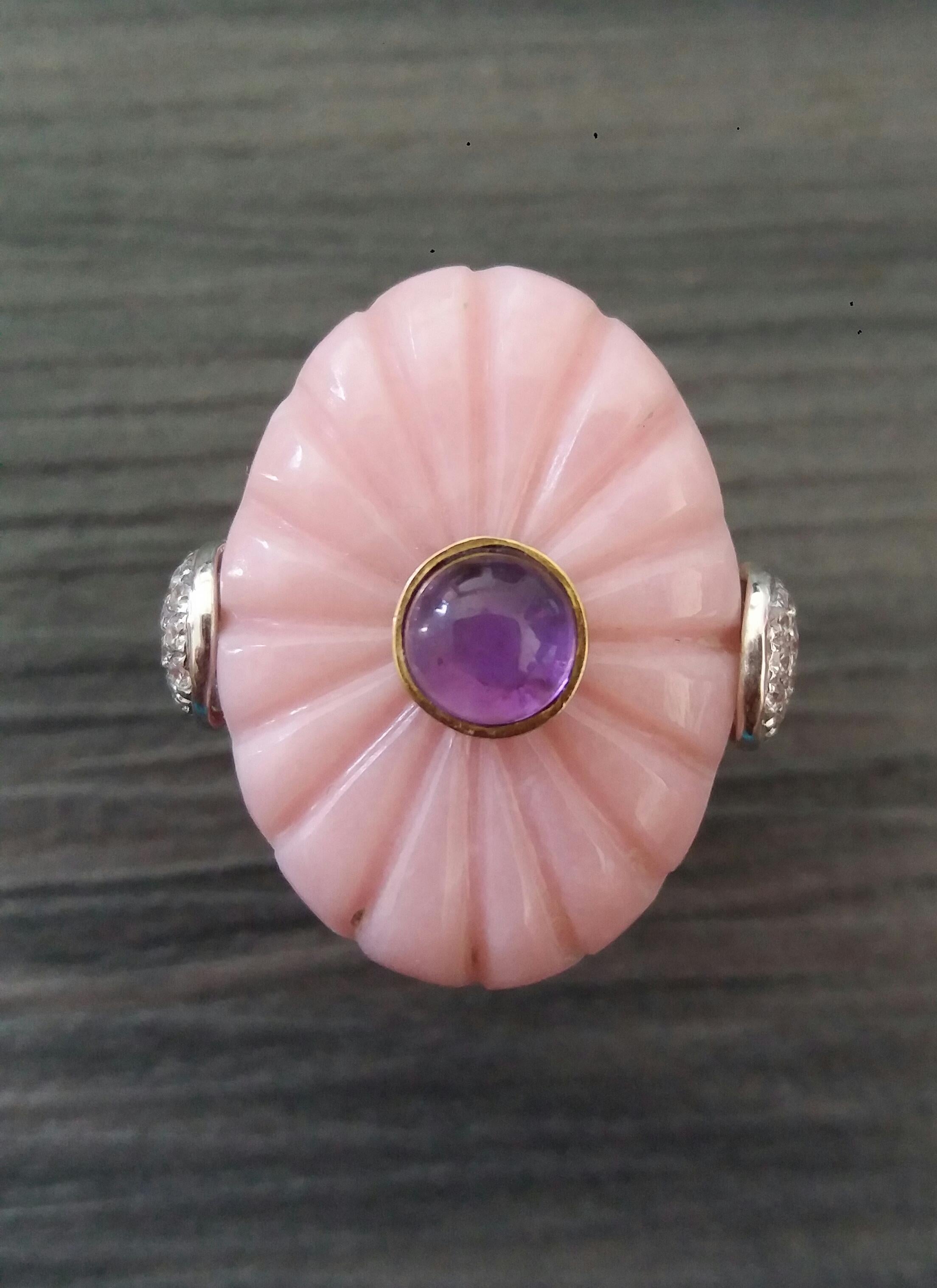 For Sale:  Art Deco Style Carved Pink Opal Genuine Amethyst Cab Gold Diamonds Cocktail Ring 11