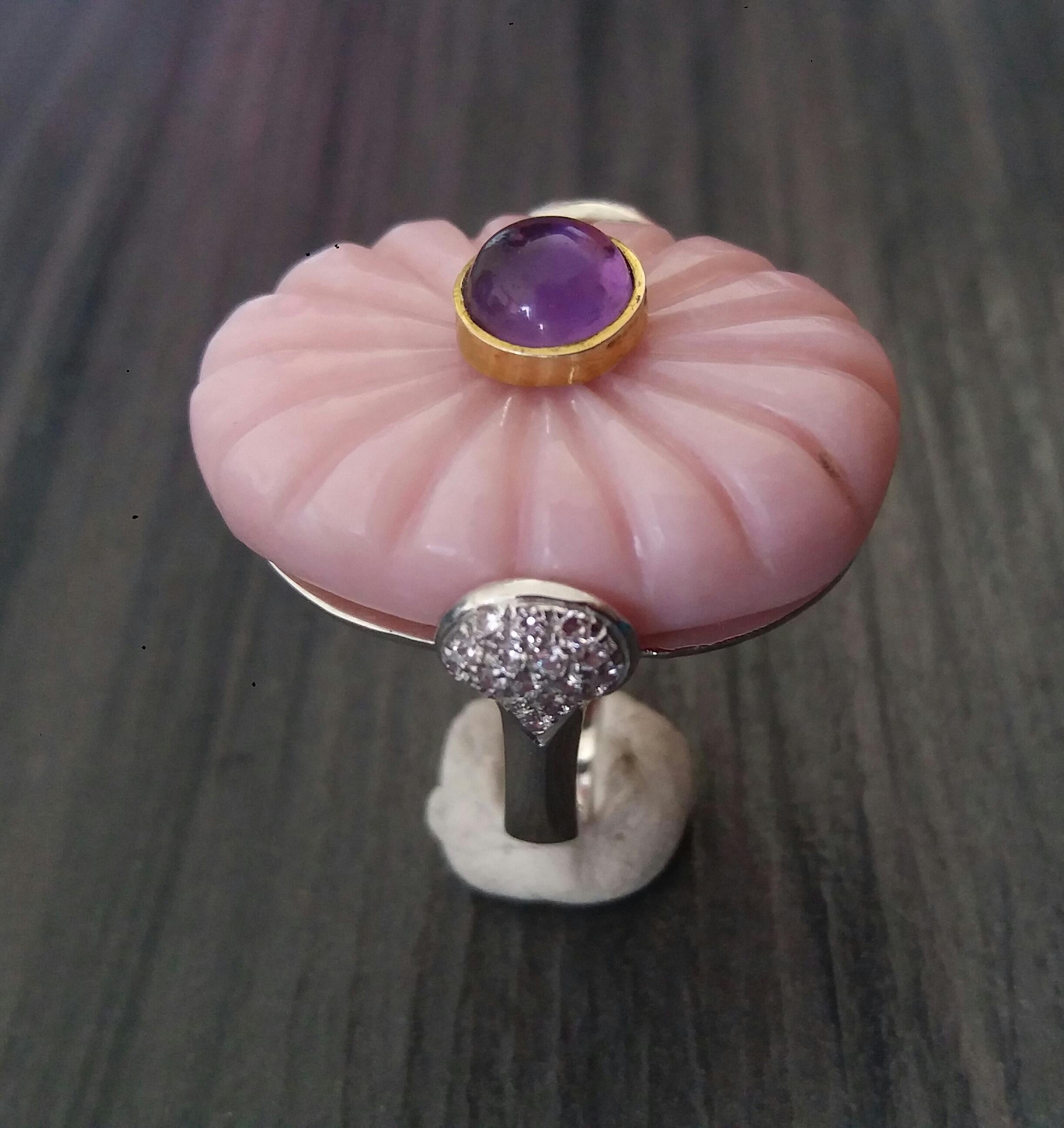 For Sale:  Art Deco Style Carved Pink Opal Genuine Amethyst Cab Gold Diamonds Cocktail Ring 12