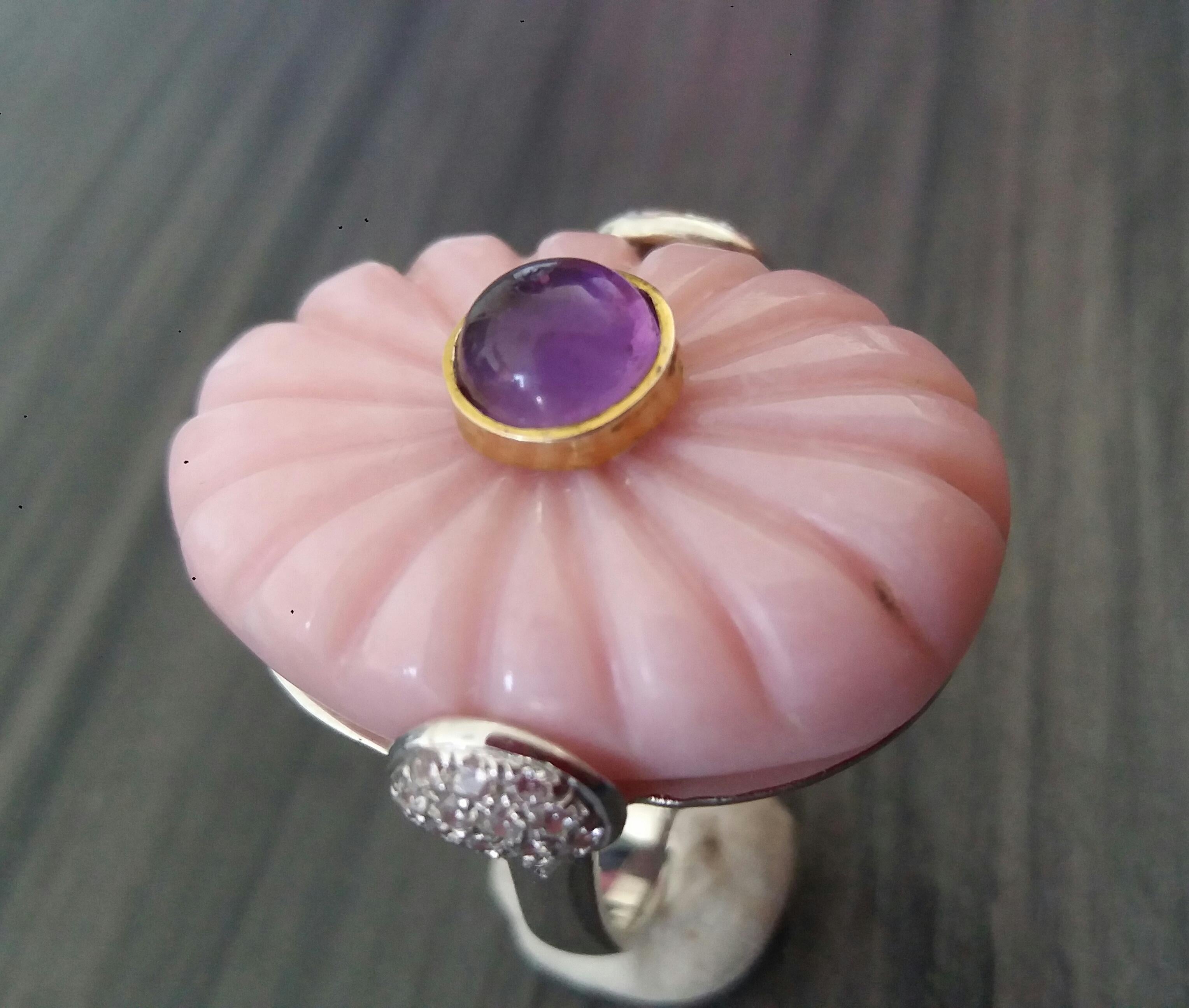 For Sale:  Art Deco Style Carved Pink Opal Genuine Amethyst Cab Gold Diamonds Cocktail Ring 13