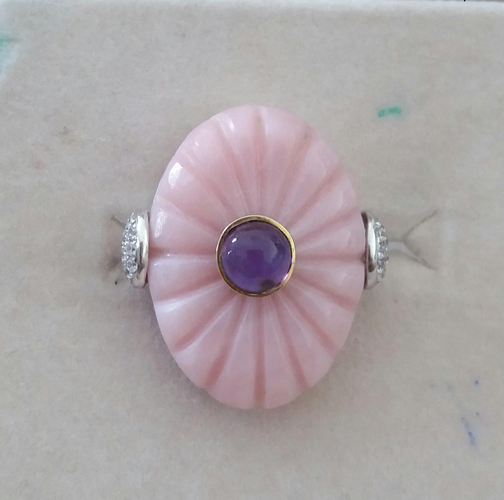For Sale:  Art Deco Style Carved Pink Opal Genuine Amethyst Cab Gold Diamonds Cocktail Ring 14