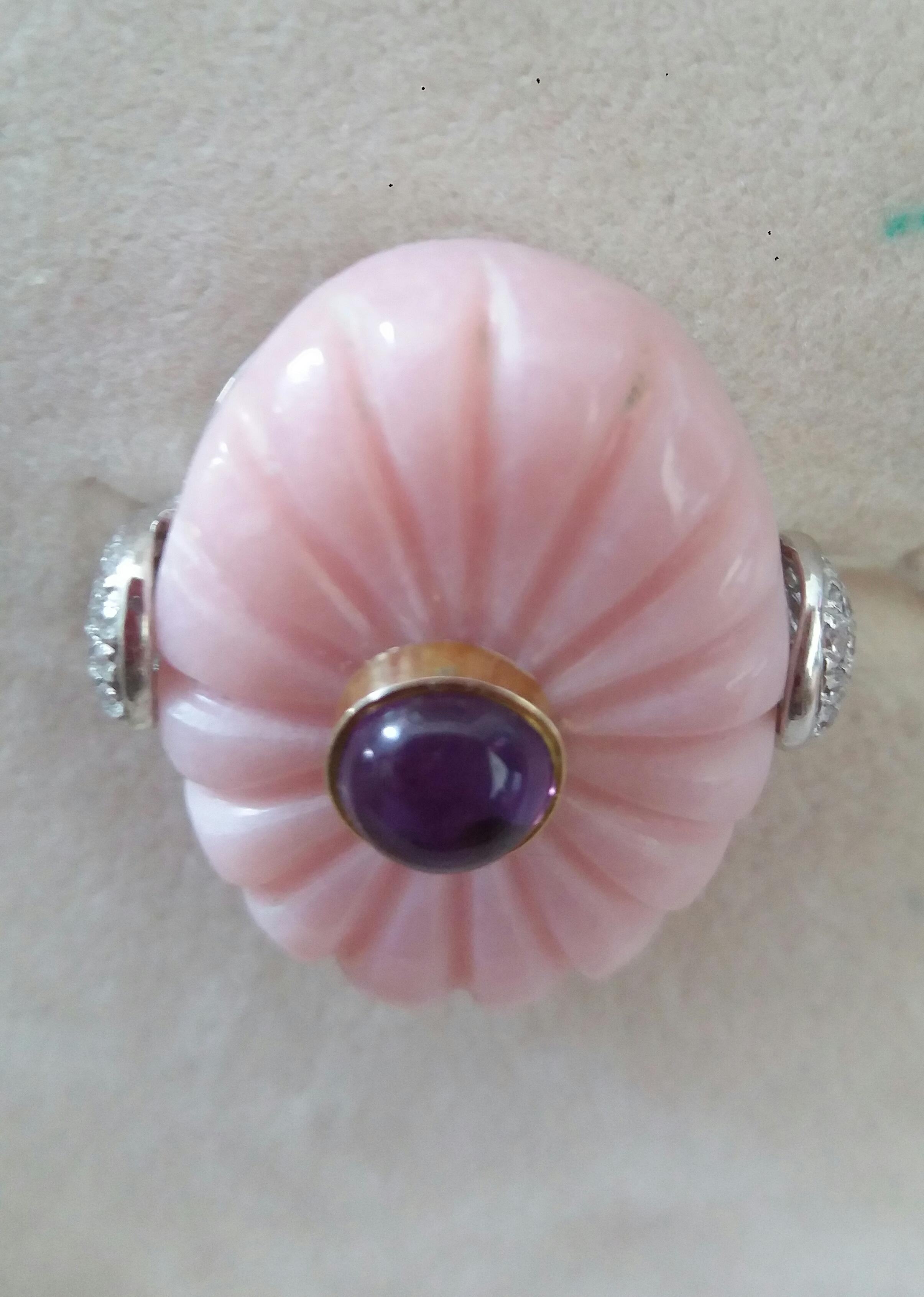 For Sale:  Art Deco Style Carved Pink Opal Genuine Amethyst Cab Gold Diamonds Cocktail Ring 15