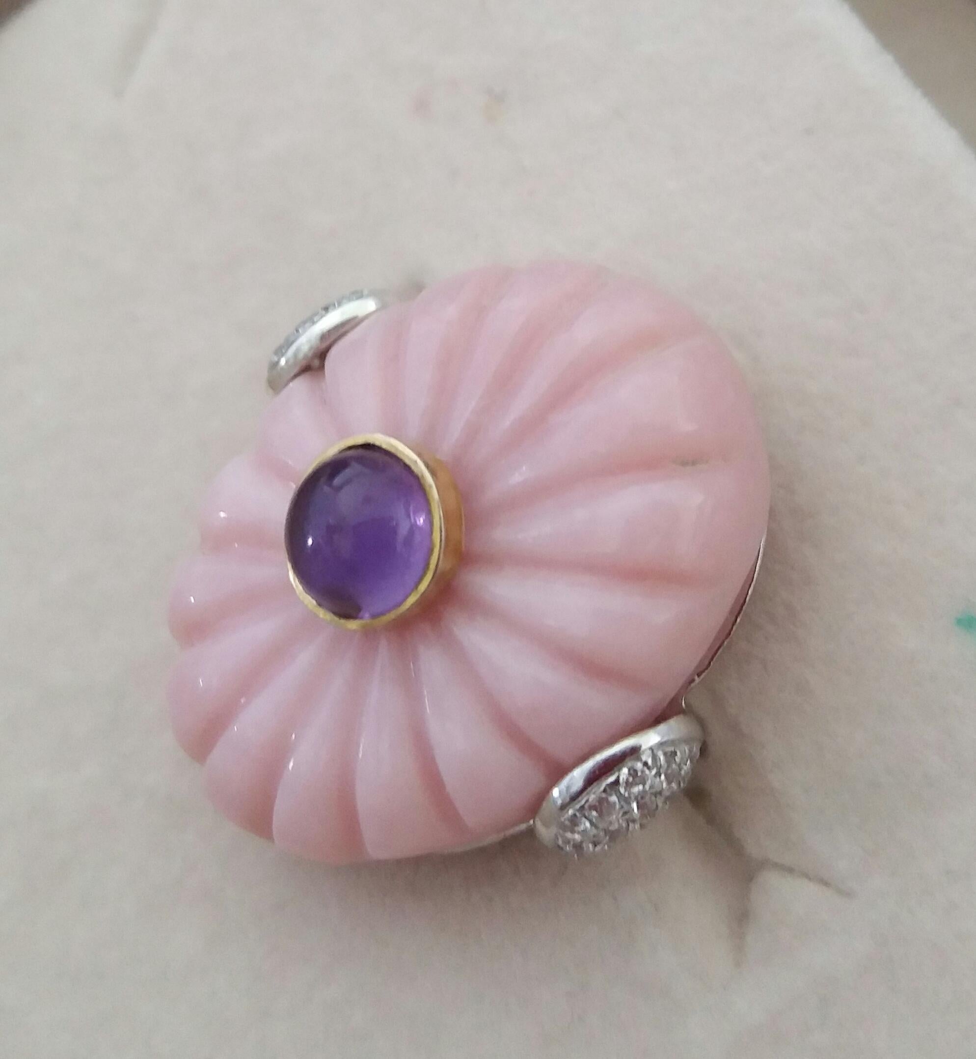 For Sale:  Art Deco Style Carved Pink Opal Genuine Amethyst Cab Gold Diamonds Cocktail Ring 16