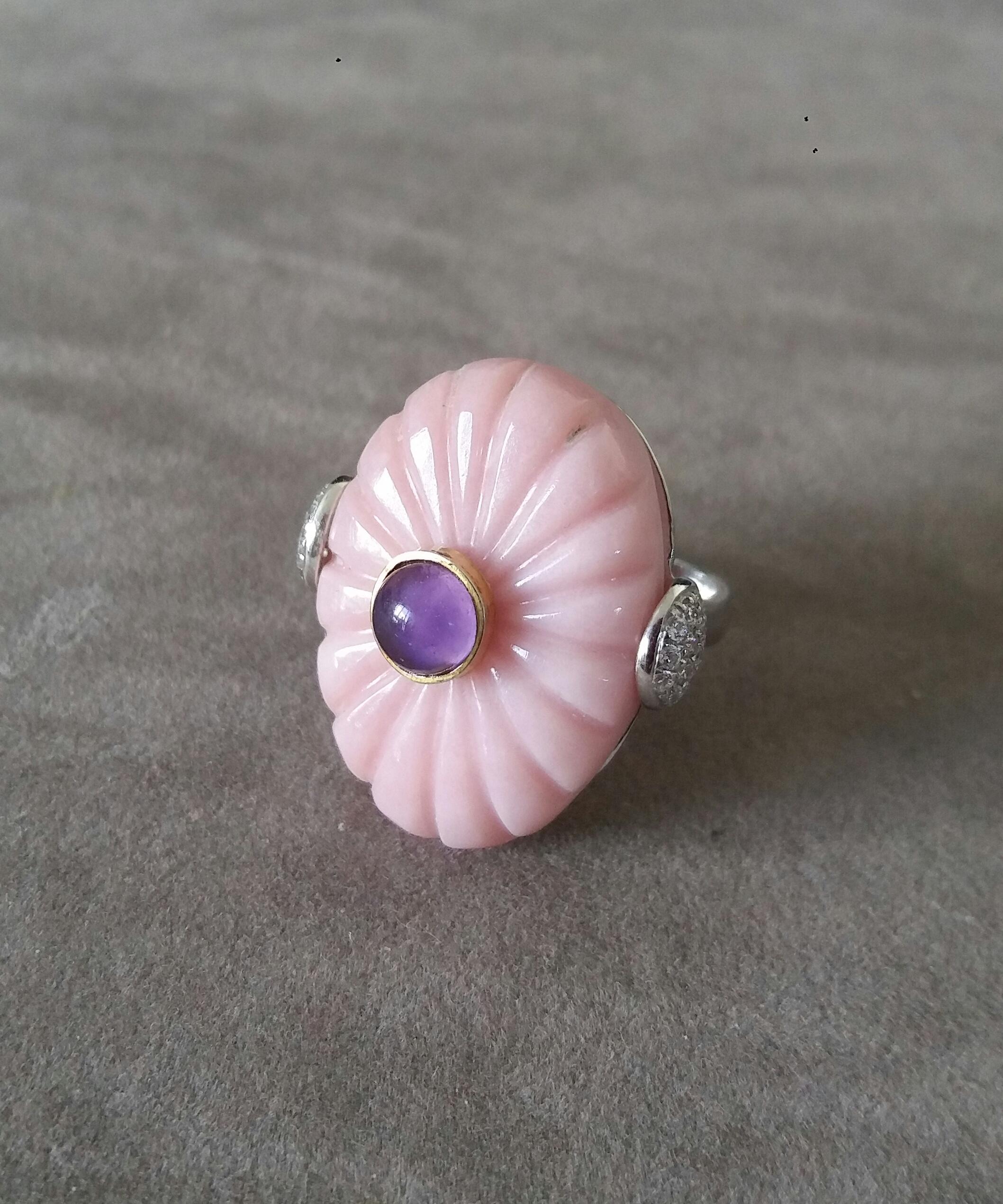 For Sale:  Art Deco Style Carved Pink Opal Genuine Amethyst Cab Gold Diamonds Cocktail Ring 2