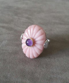 Art Deco Style Carved Pink Opal Genuine Amethyst Cab Gold Diamonds Cocktail Ring