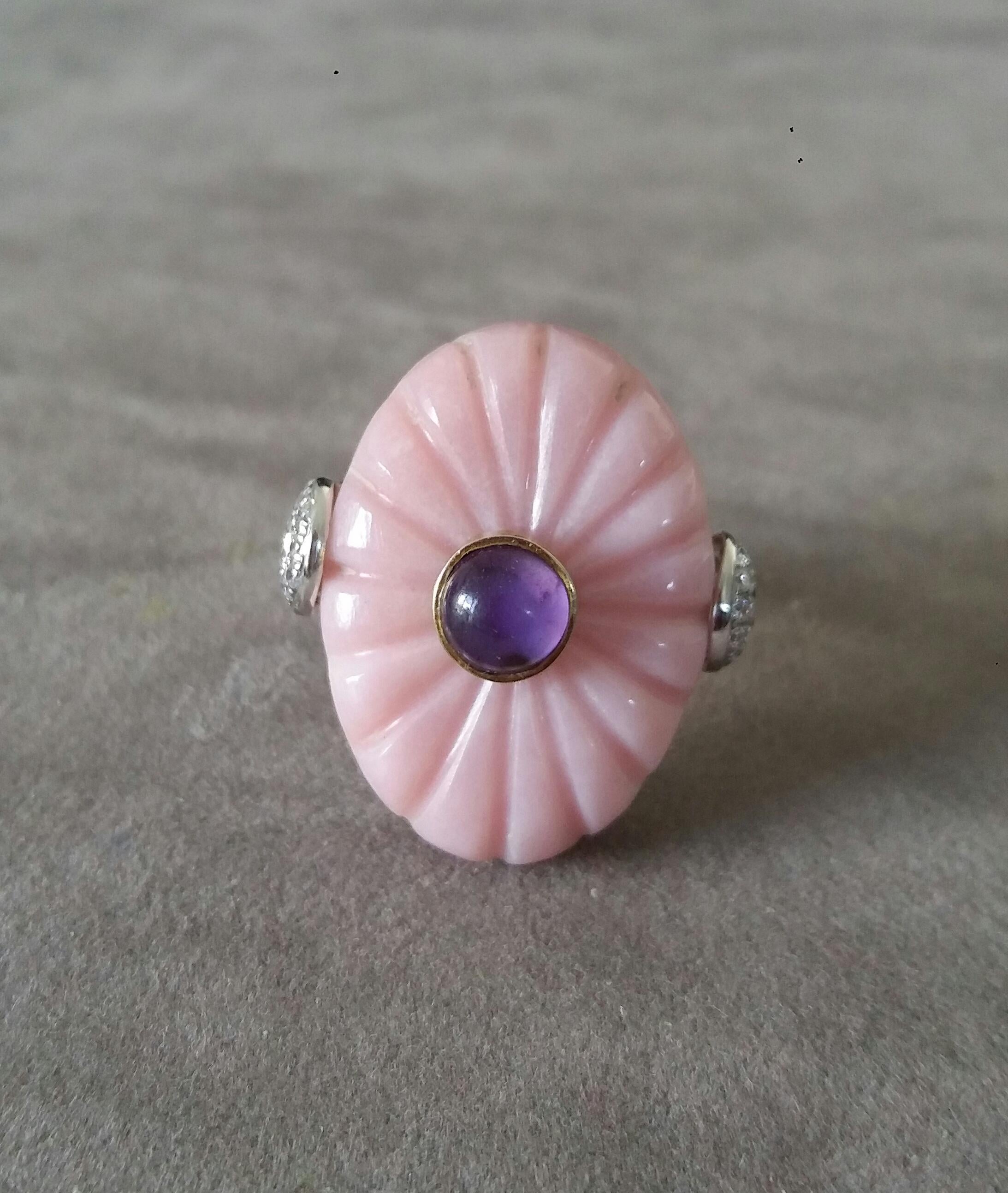 For Sale:  Art Deco Style Carved Pink Opal Genuine Amethyst Cab Gold Diamonds Cocktail Ring 3