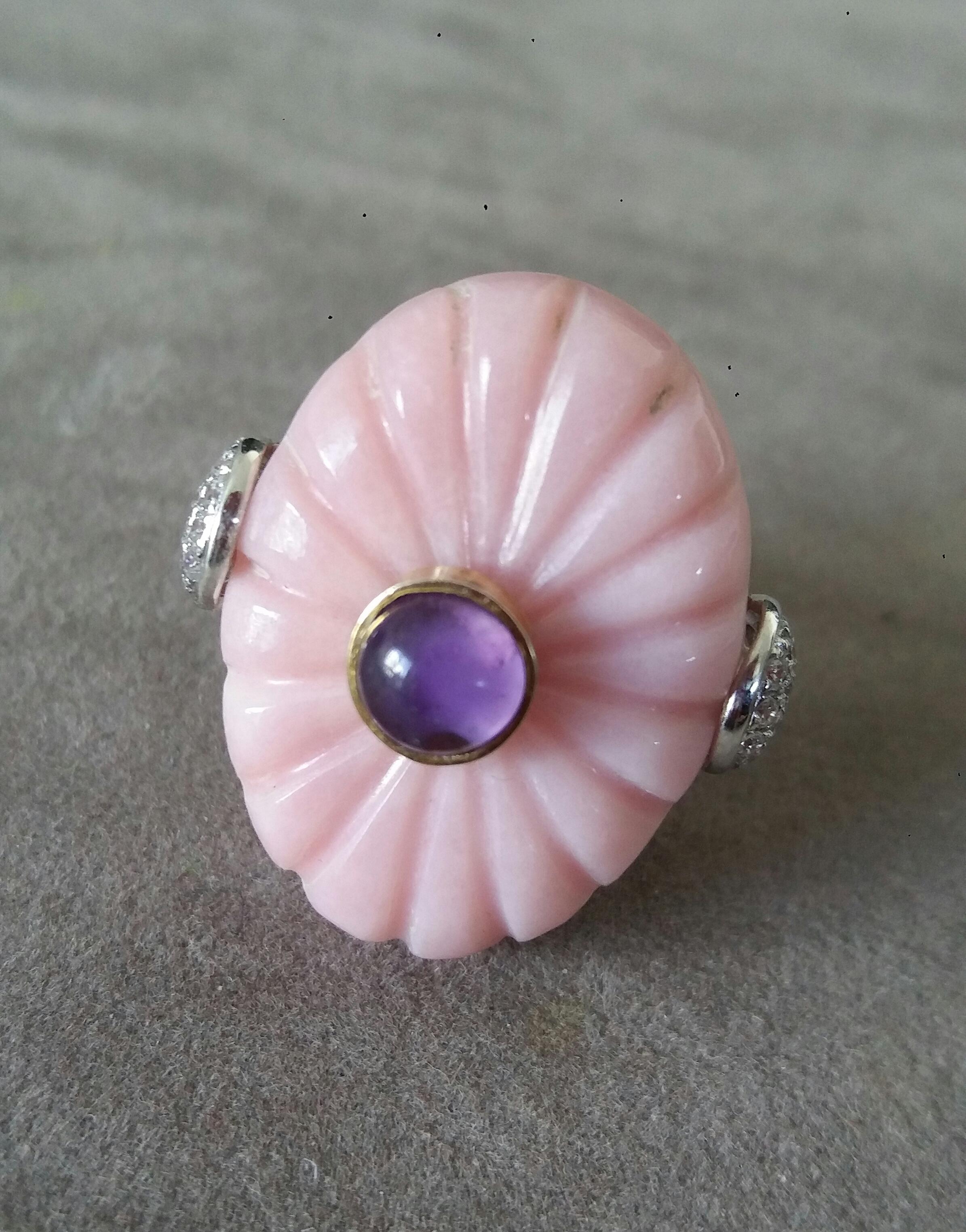 For Sale:  Art Deco Style Carved Pink Opal Genuine Amethyst Cab Gold Diamonds Cocktail Ring 4